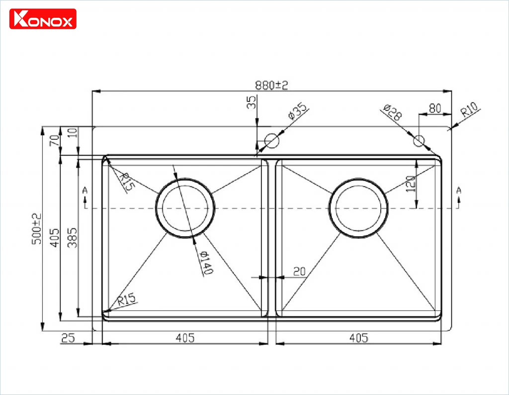 Kích thước chậu konox kn8850td