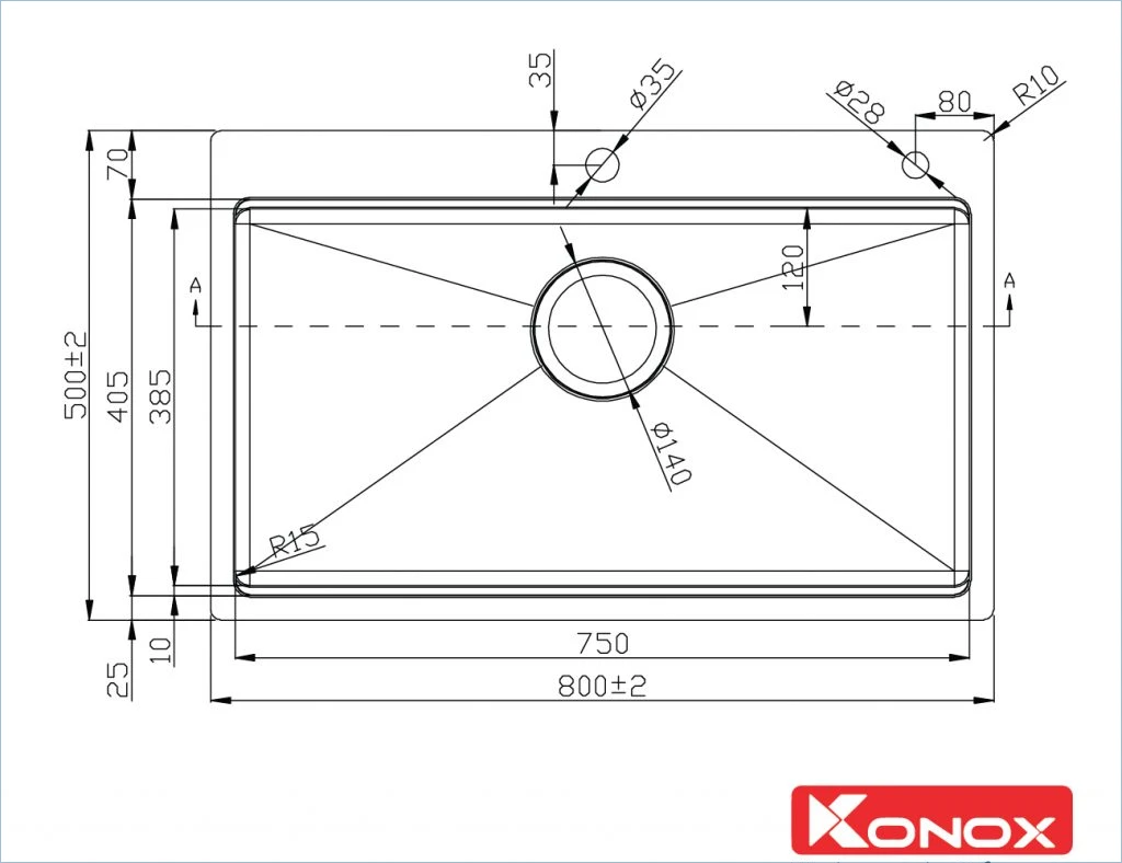 Kích thước chậu rửa bát Konox KN8050TS