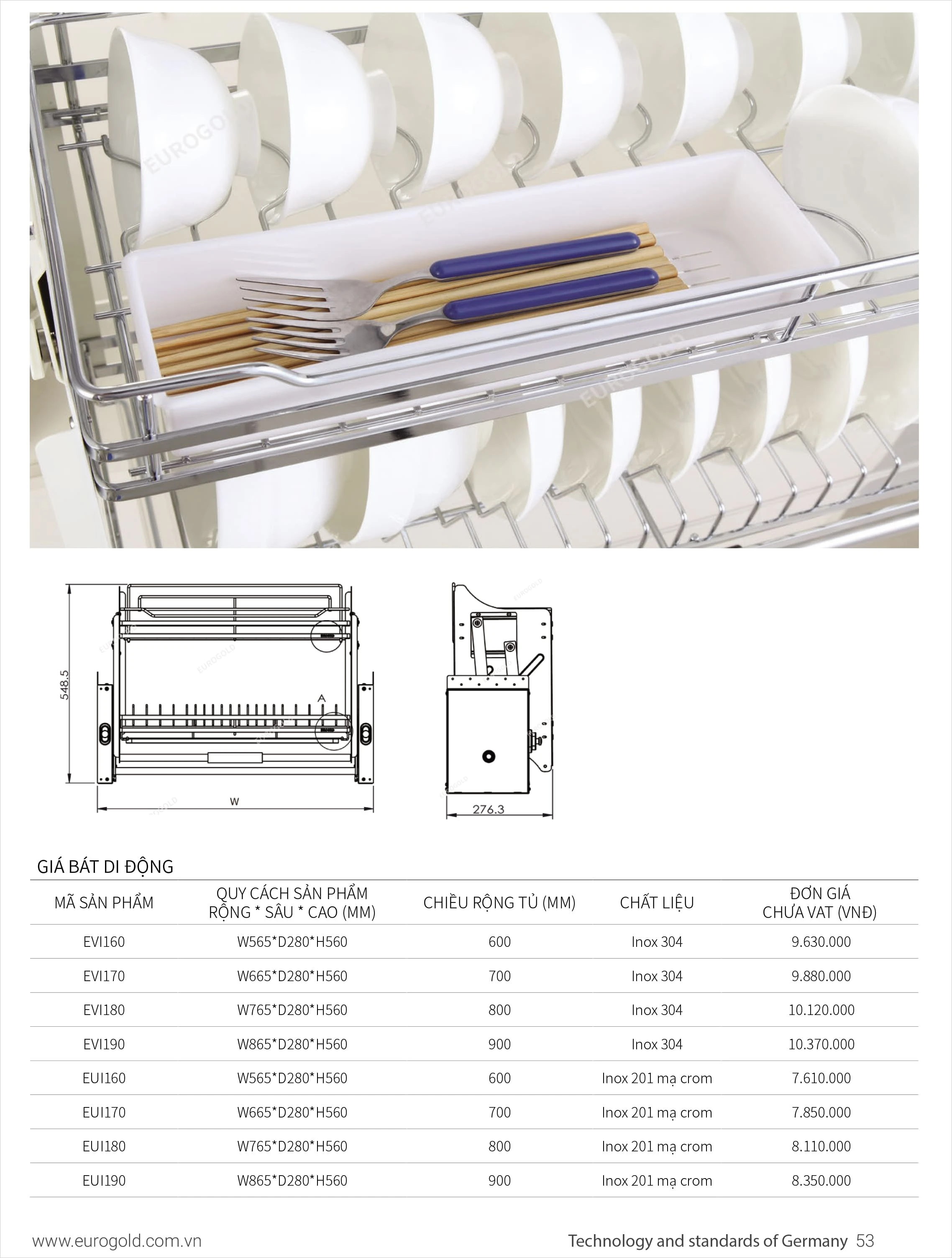 Giá bát nâng hạ Eurogold inox 304, inox 201 mạ crom