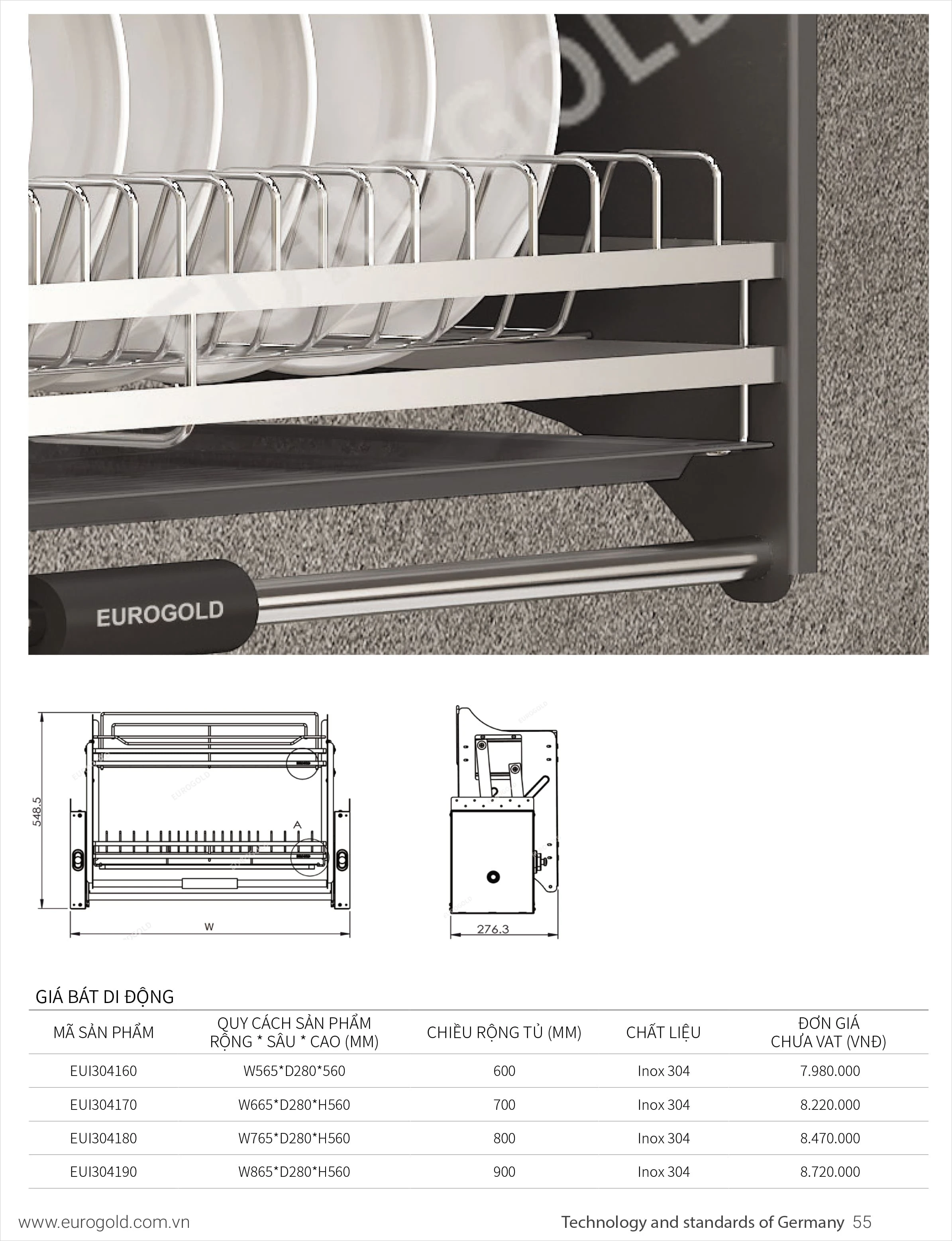 Giá bát nâng hạ Eurogold inox 304, màu ghi đậm