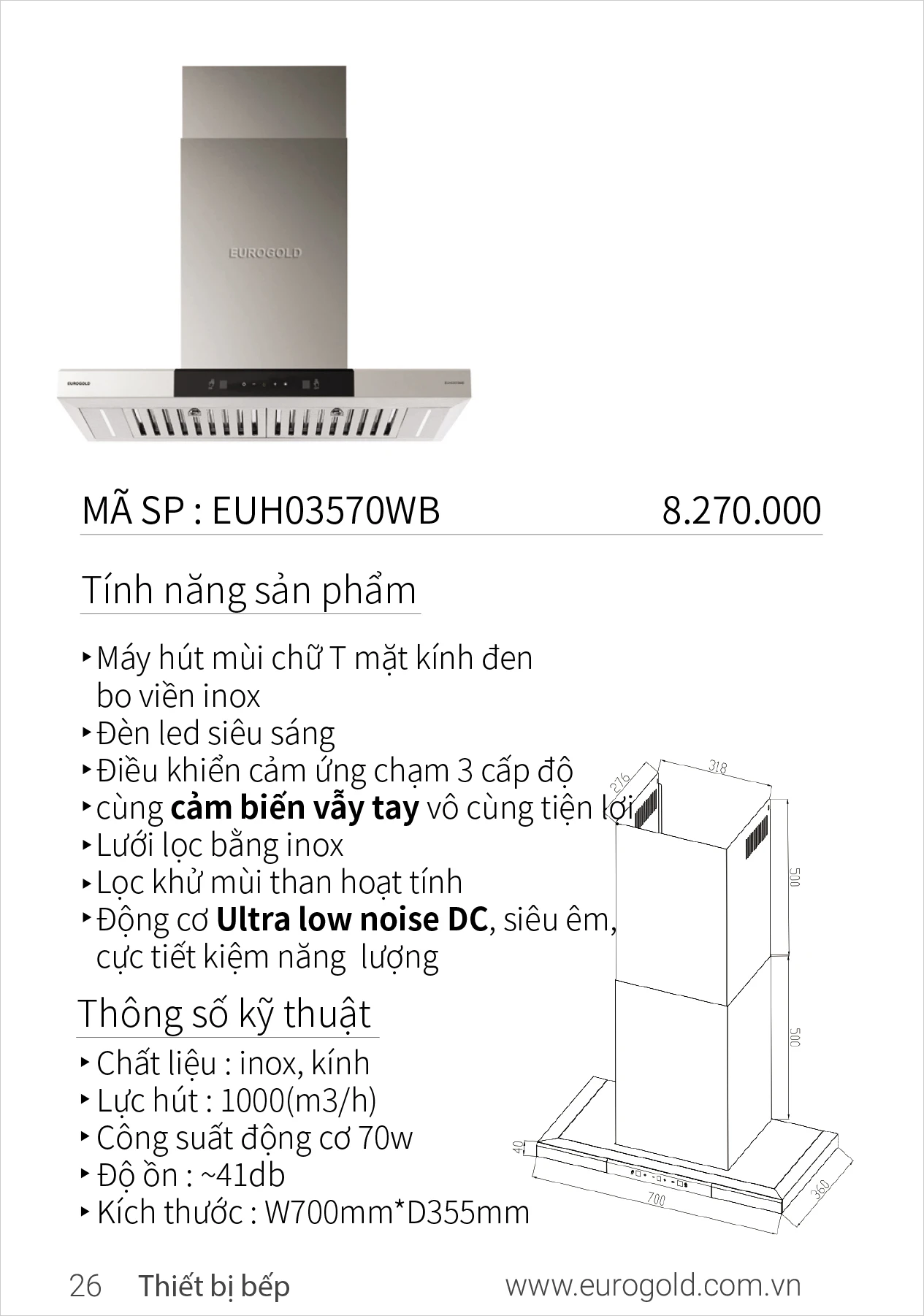 Máy hút mùi Eurogold EUH03570WB