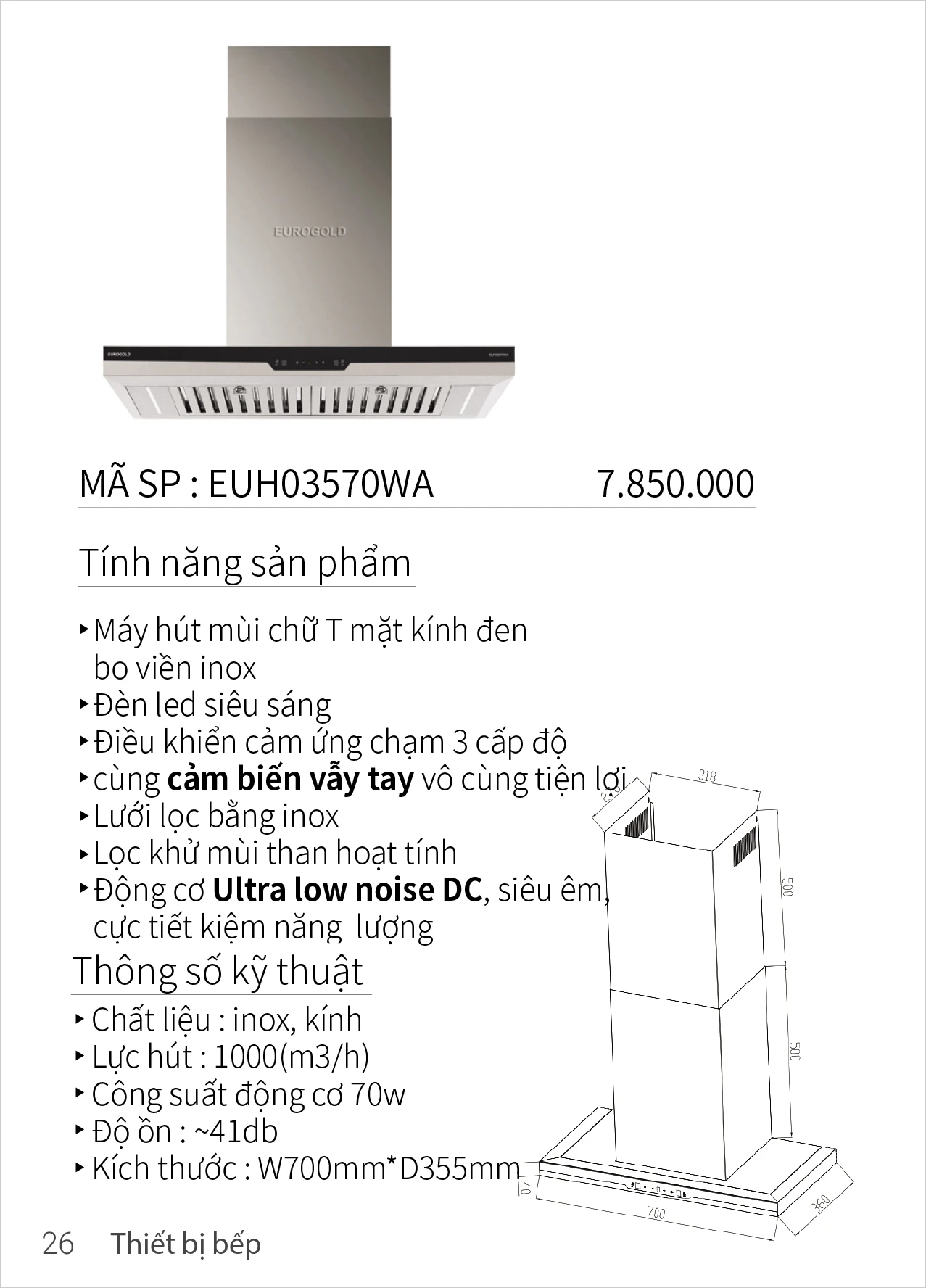 Máy hút mùi Eurogold EUH03570WA