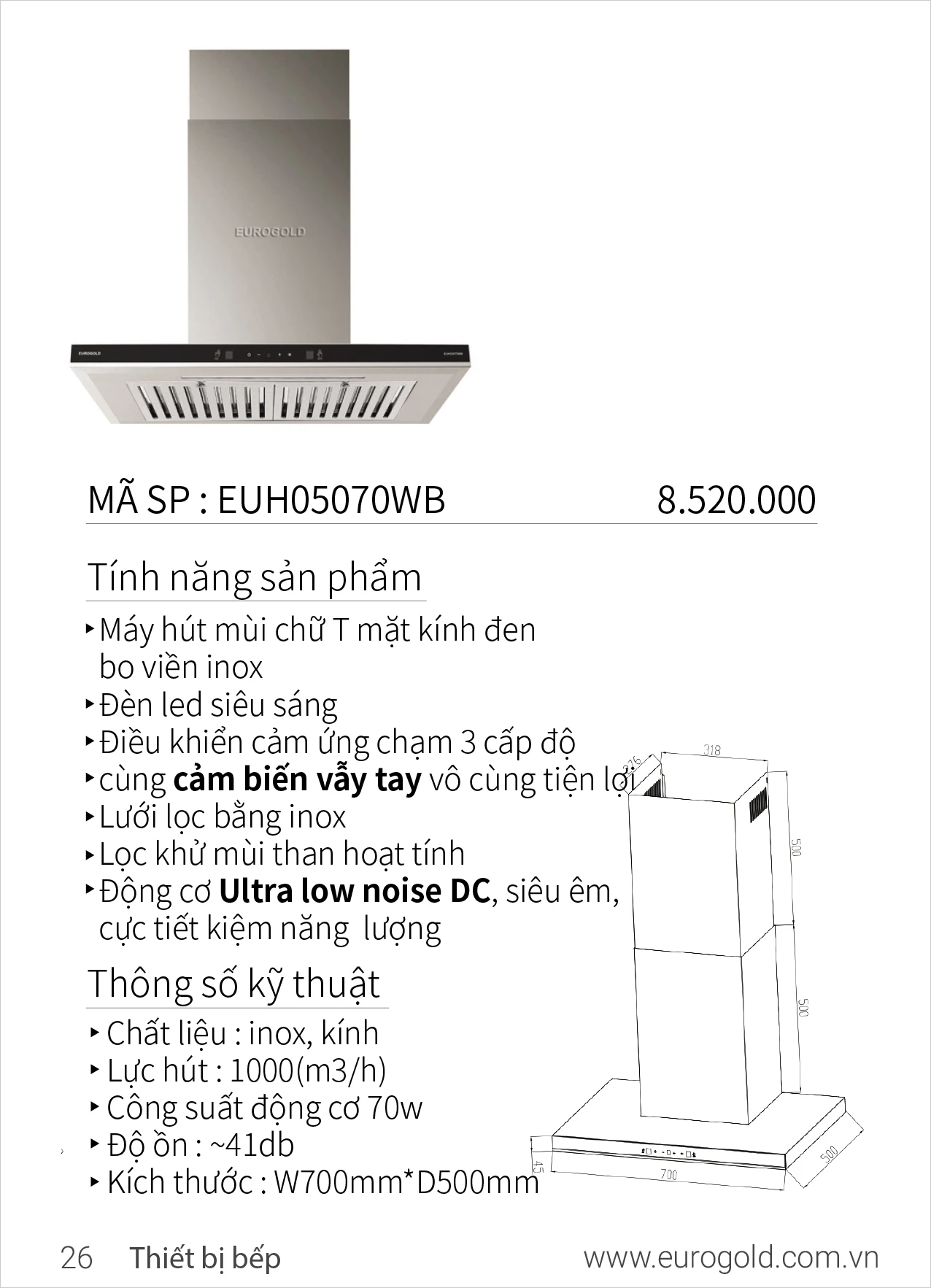 Máy hút mùi Eurogold EUH05070WB