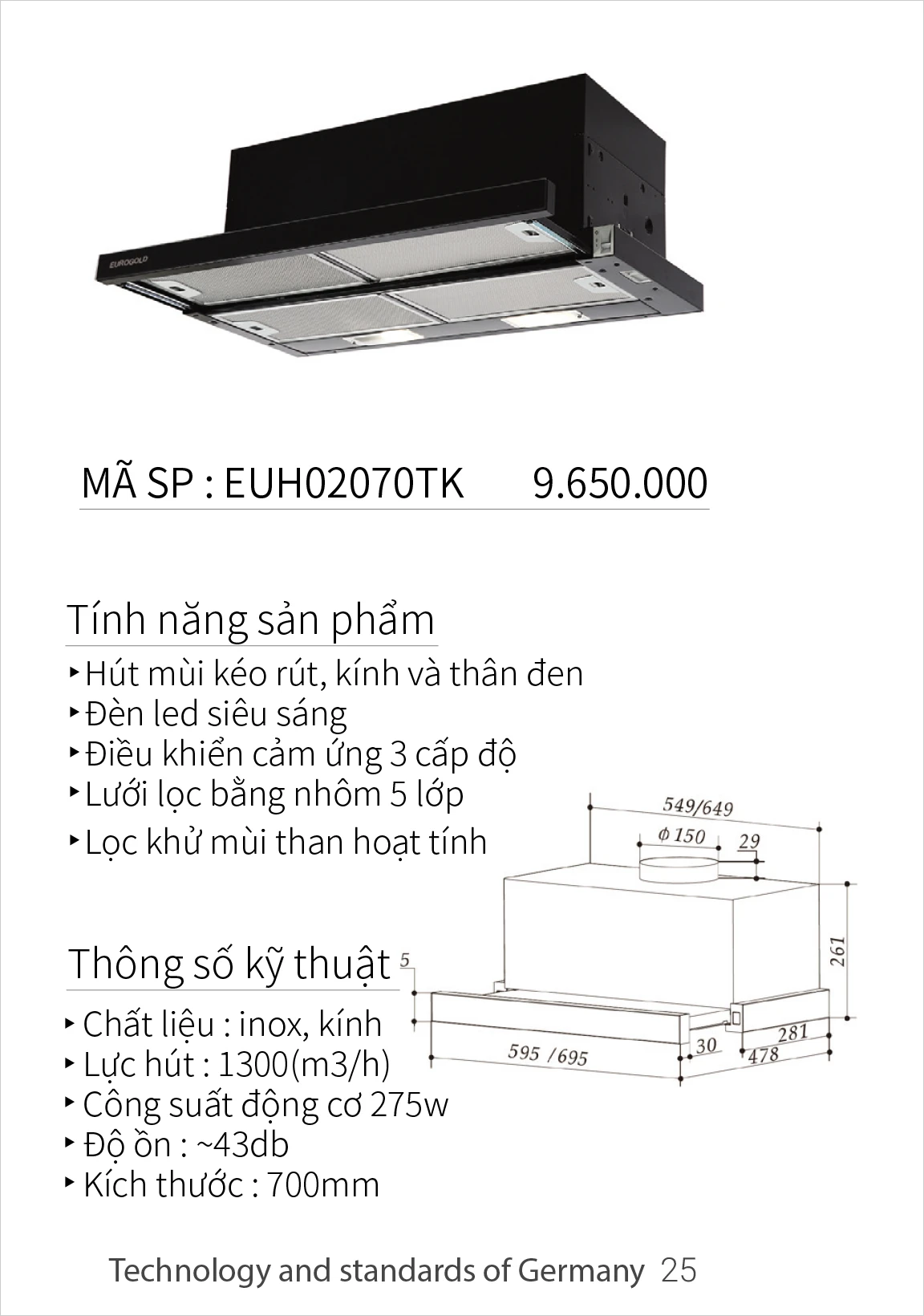 Máy hút mùi Eurogold EUH02070TK