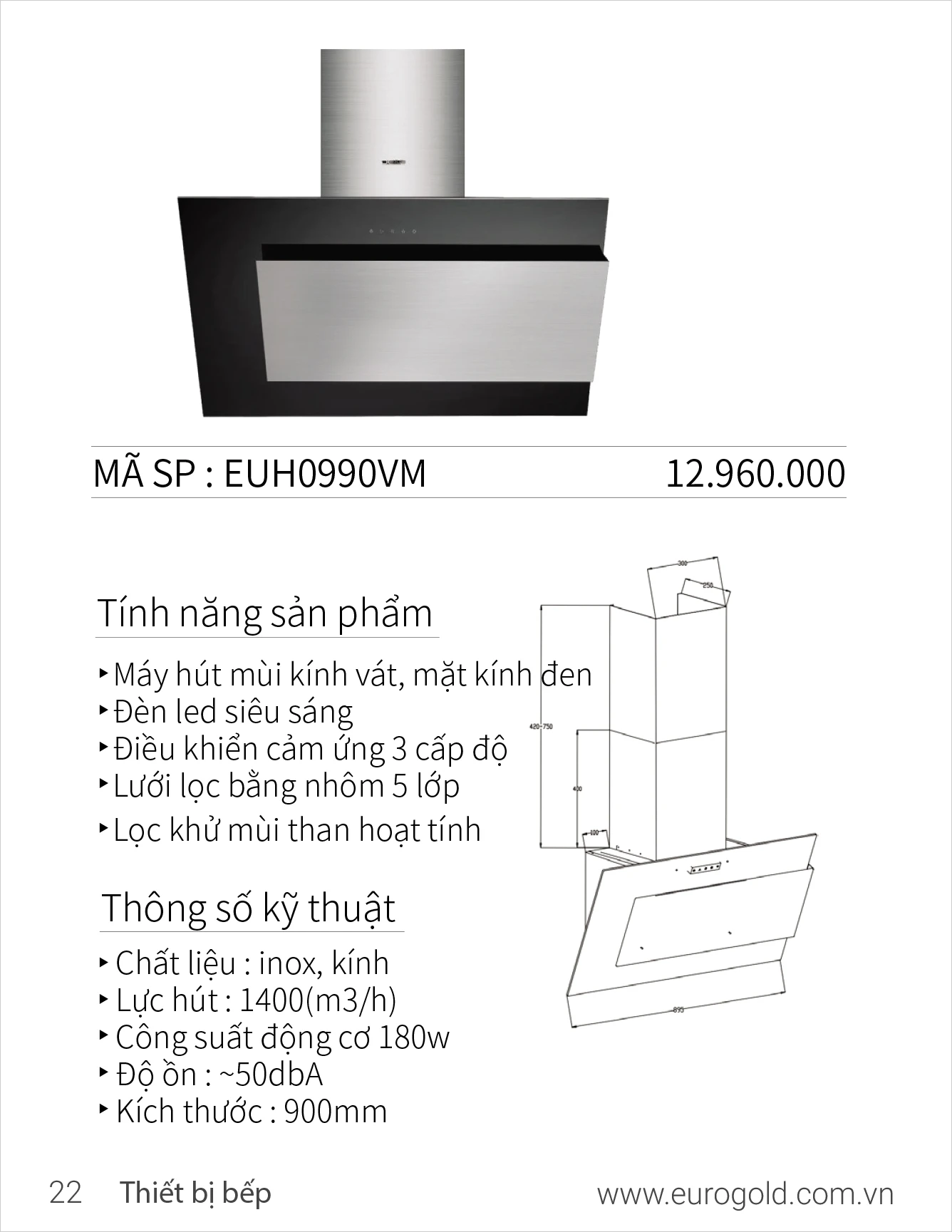 Máy hút mùi Eurogold EUH0990VM