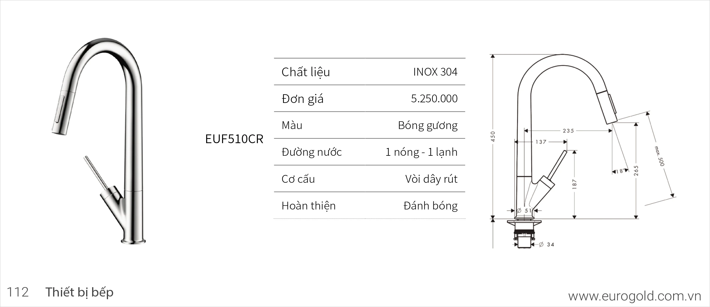 Vòi chậu rửa bát Eurogold EUF510CR