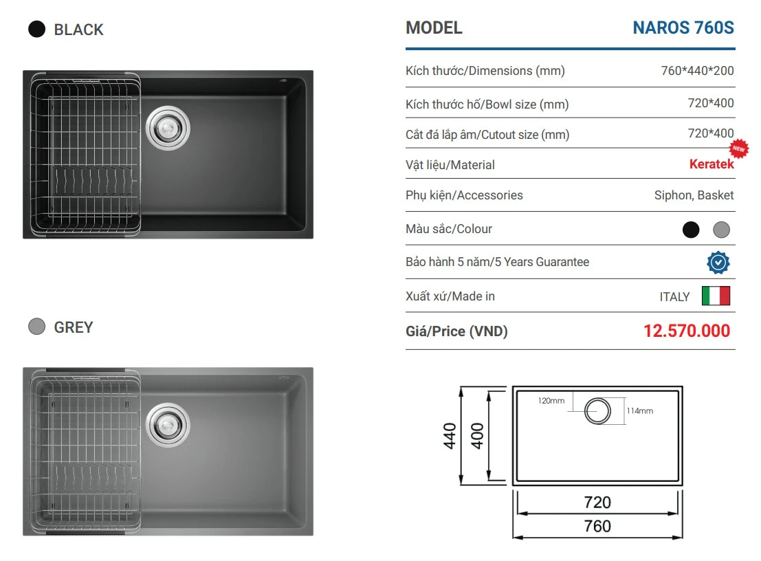  Chậu rửa bát Granite Sink Naros 760S