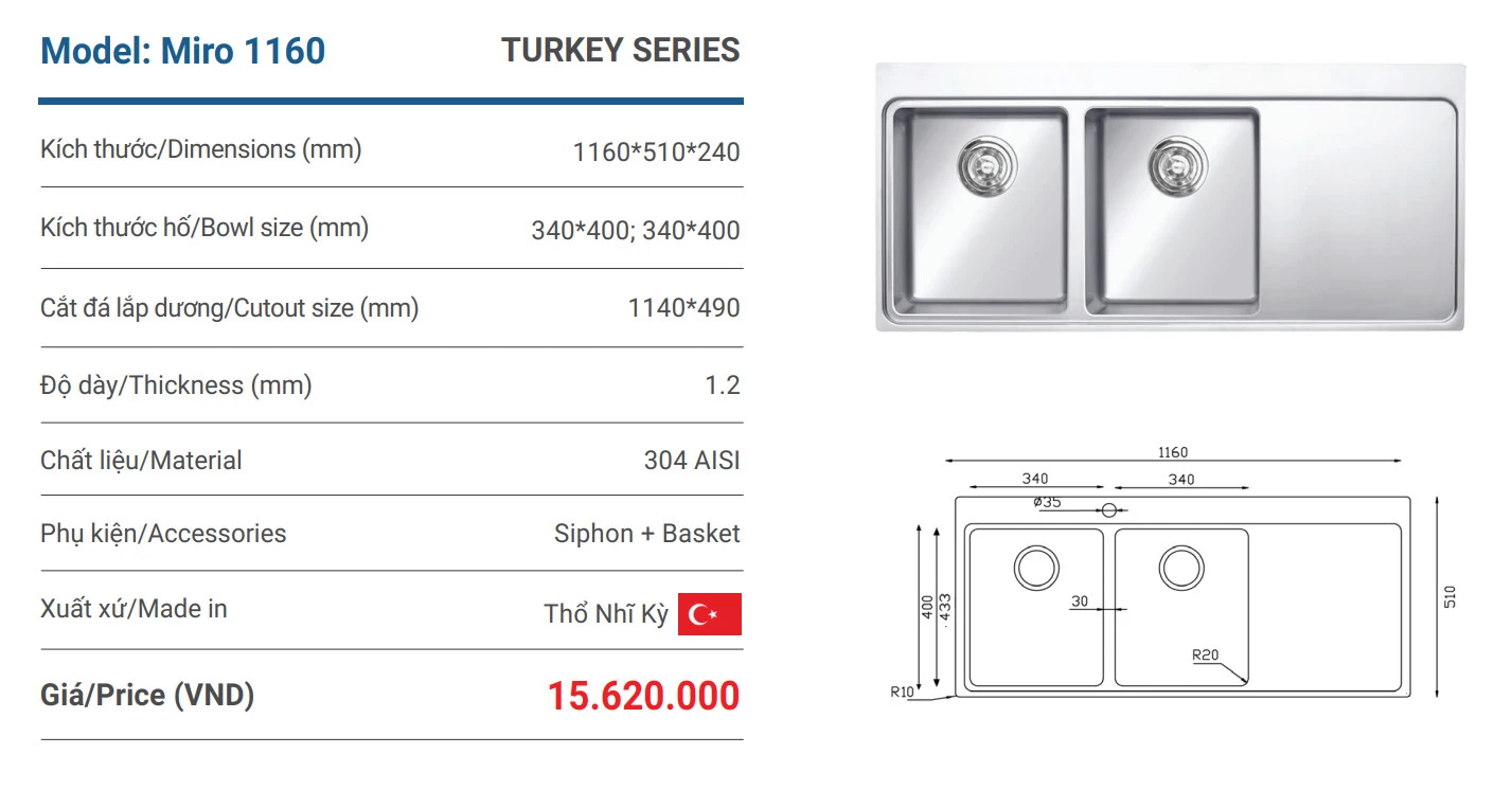 Chậu rửa bát Turkey Sink Miro 1160