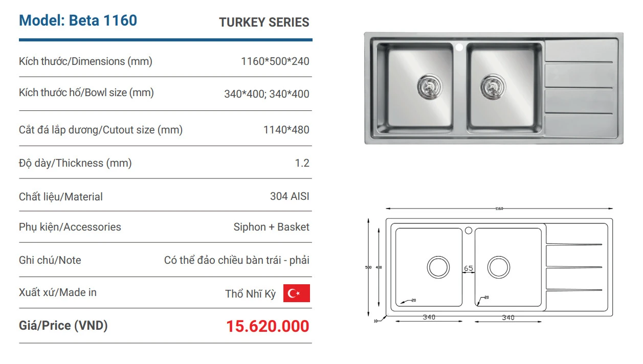 Chậu rửa bát Turkey Sink Beta 1160 Bàn Phải