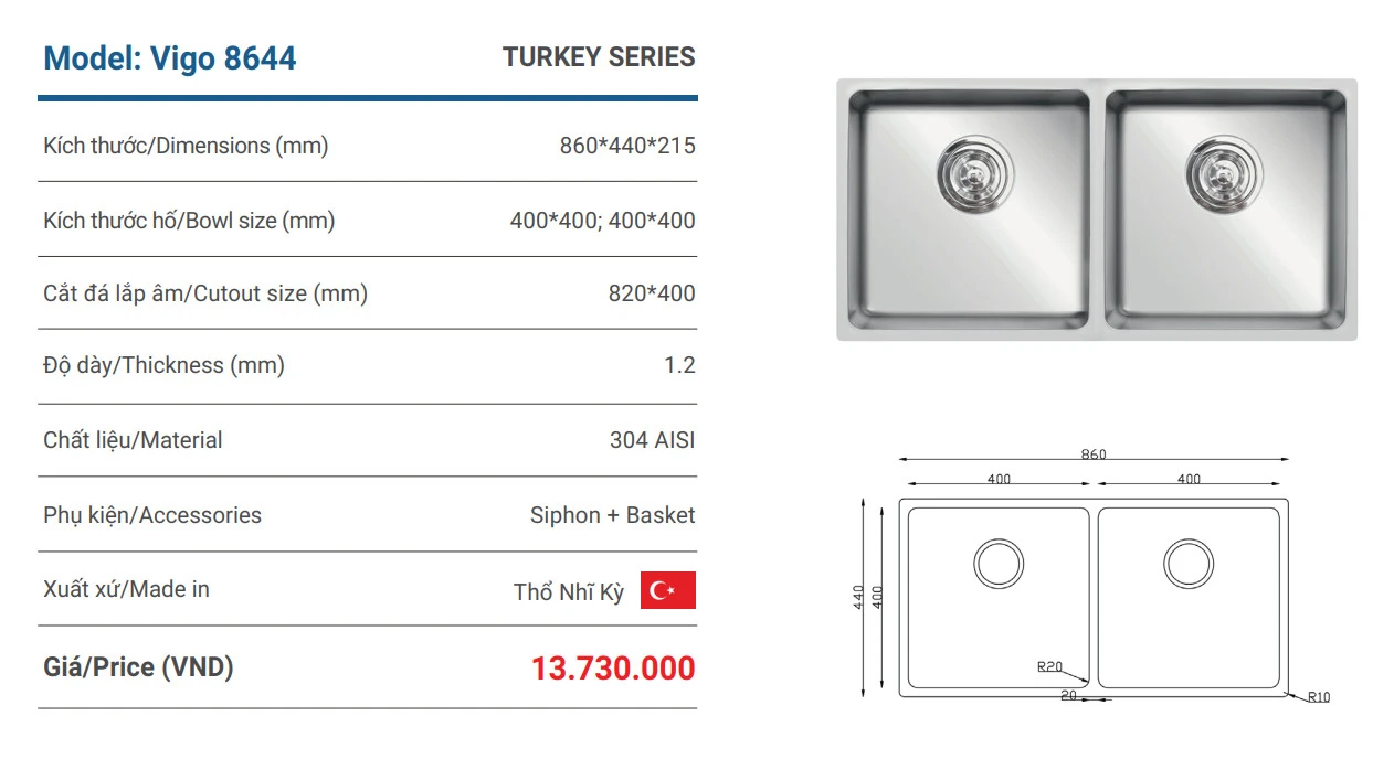 Chậu rửa bát Turkey Sink Vigo 8644