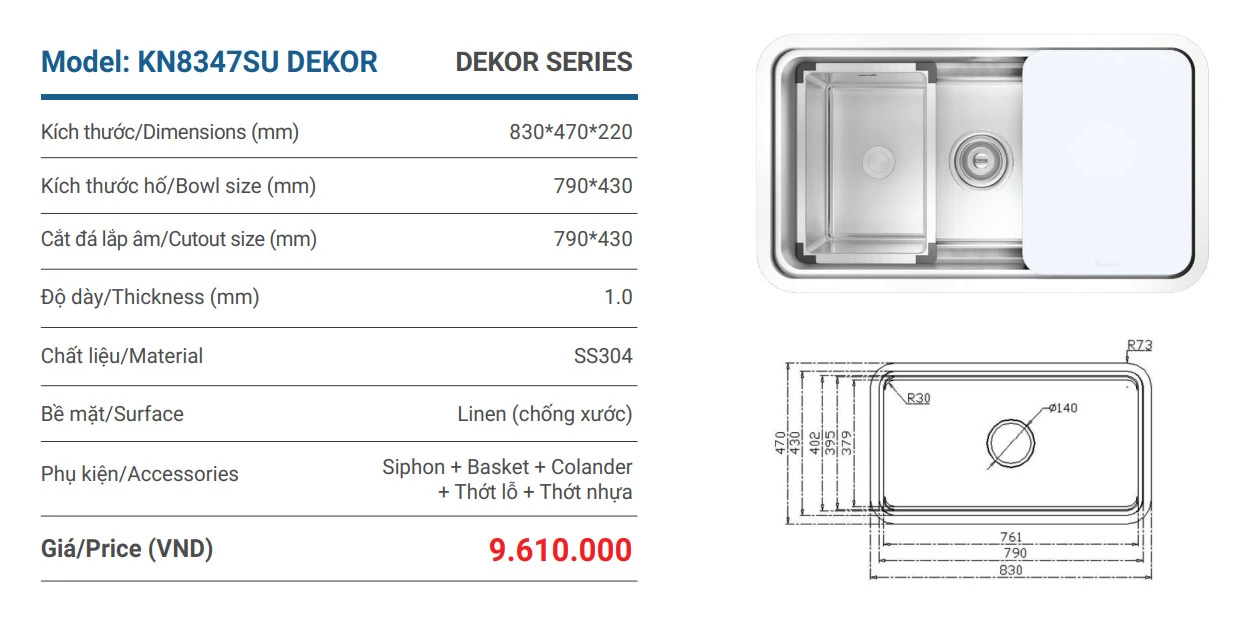 Chậu rửa bát 1 hố chống xước Workstation Sink KN8347SU Dekor Basic