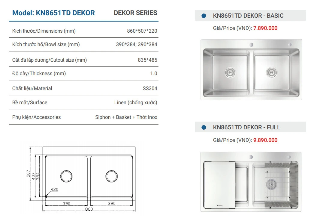 Chậu rửa bát chống xước Workstation Sink – Topmount Sink KN8651TD Dekor