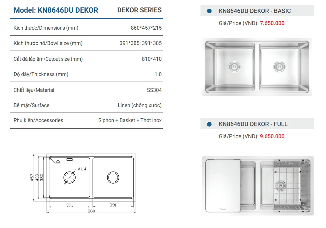  Chậu rửa bát chống xước Undermount Sink KN8646DU Dekor Basic