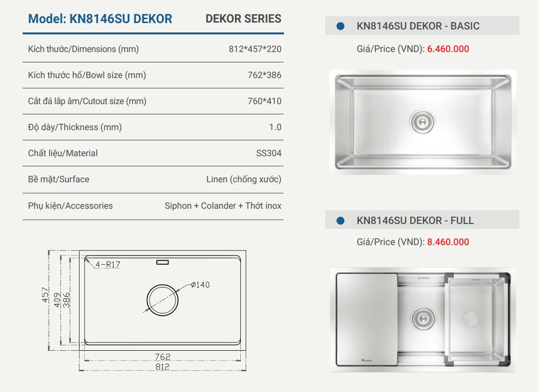  Chậu rửa bát chống xước Undermount Sink KN8146SU Dekor Basic