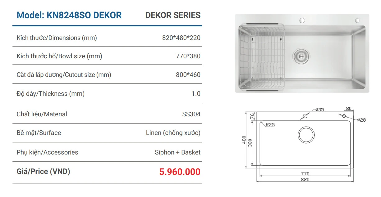 Chậu rửa bát chống xước Workstation Sink KN8248SO Dekor