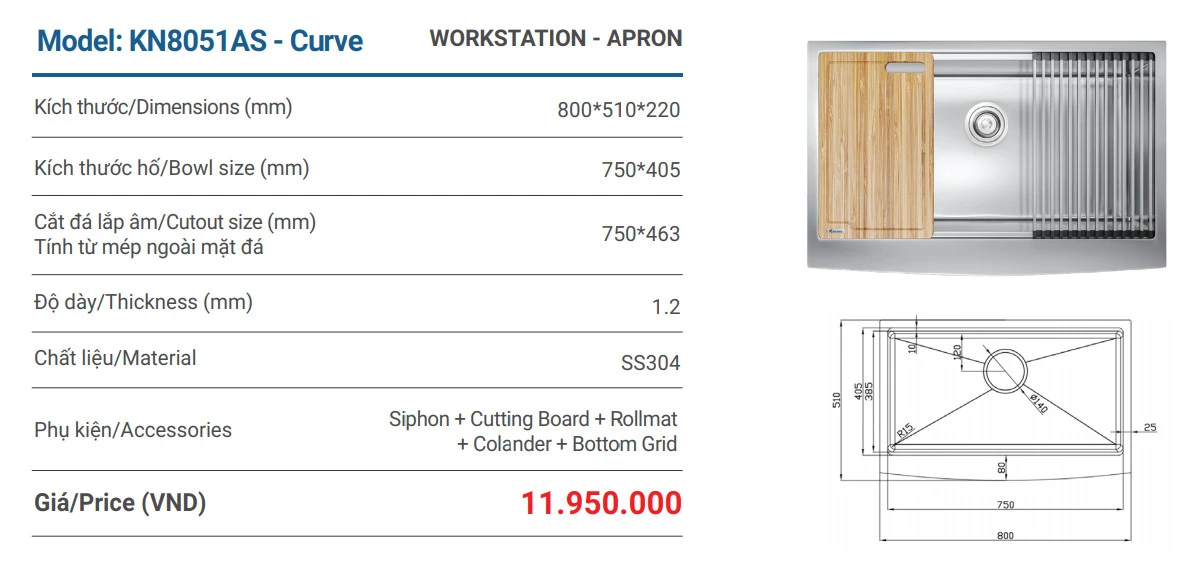  Chậu rửa bát Workstation Sink – Apron Sink KN8051AS Curve