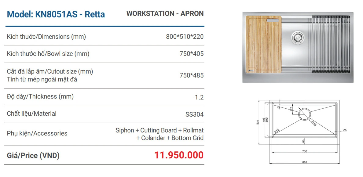 Chậu rửa bát Workstation Sink – Apron Sink KN8051AS Retta