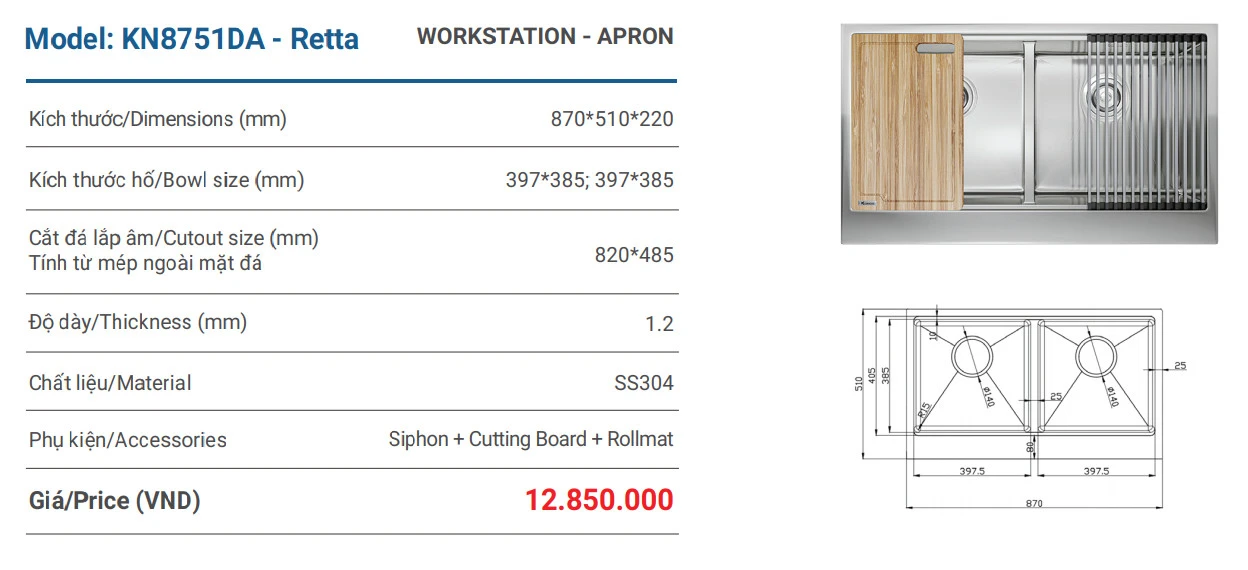  Chậu rửa bát Workstation Sink – Apron Sink KN8751DA Retta
