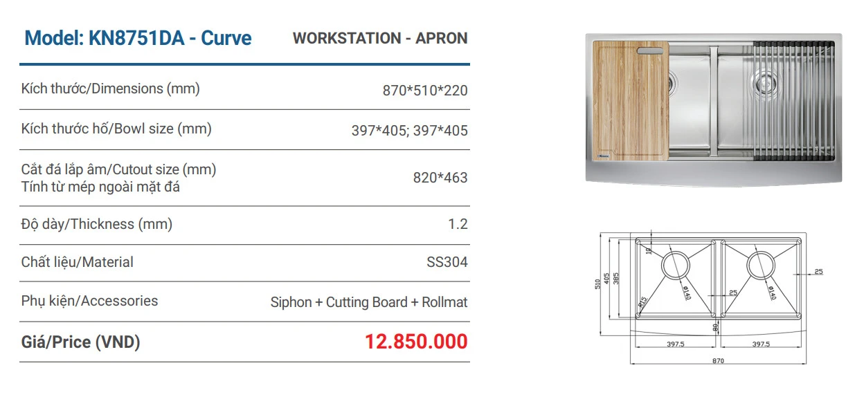  Chậu rửa bát Workstation Sink – Apron Sink KN8751DA Curve