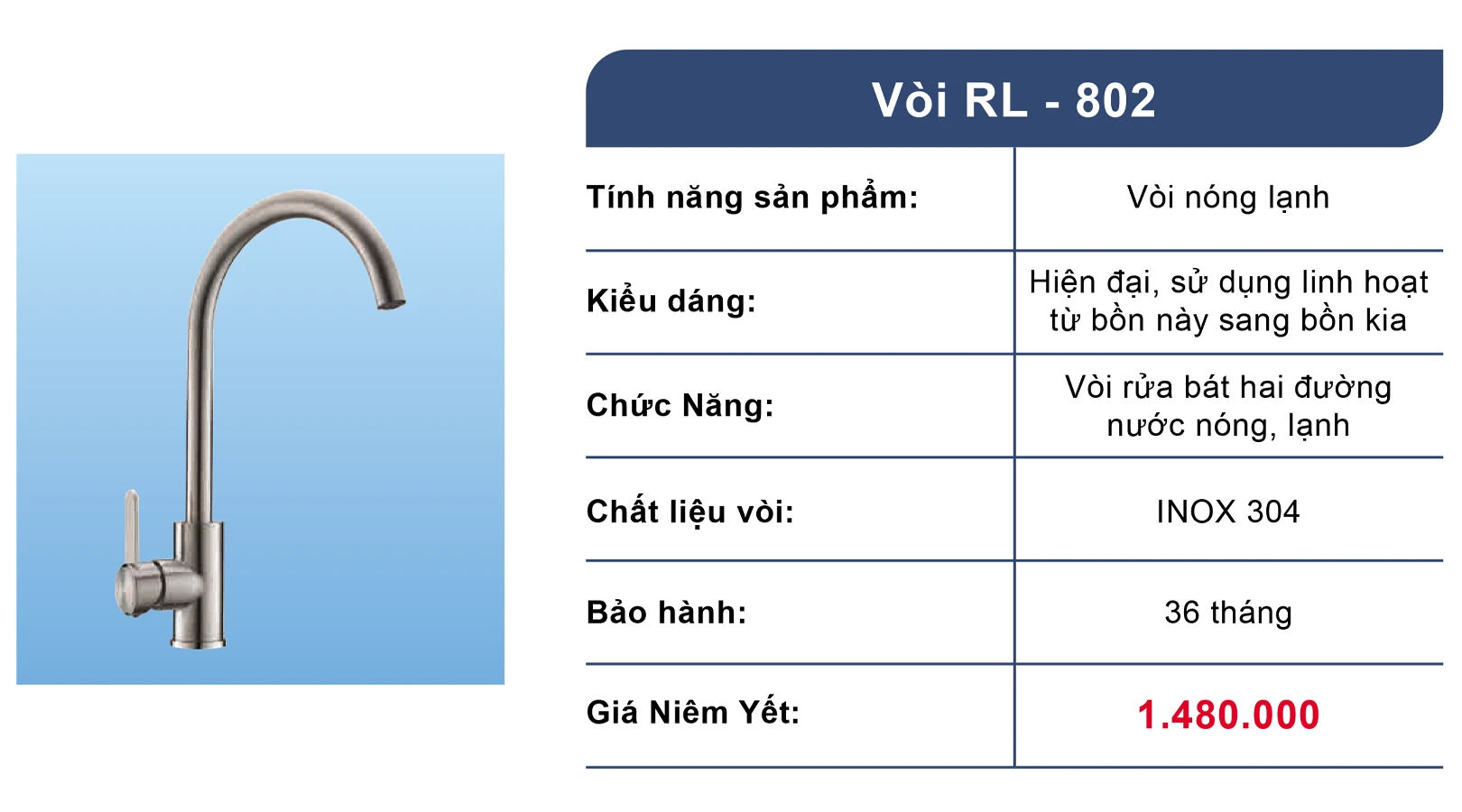 Vòi rửa bát nóng lạnh inox 304 Roslerer RL802