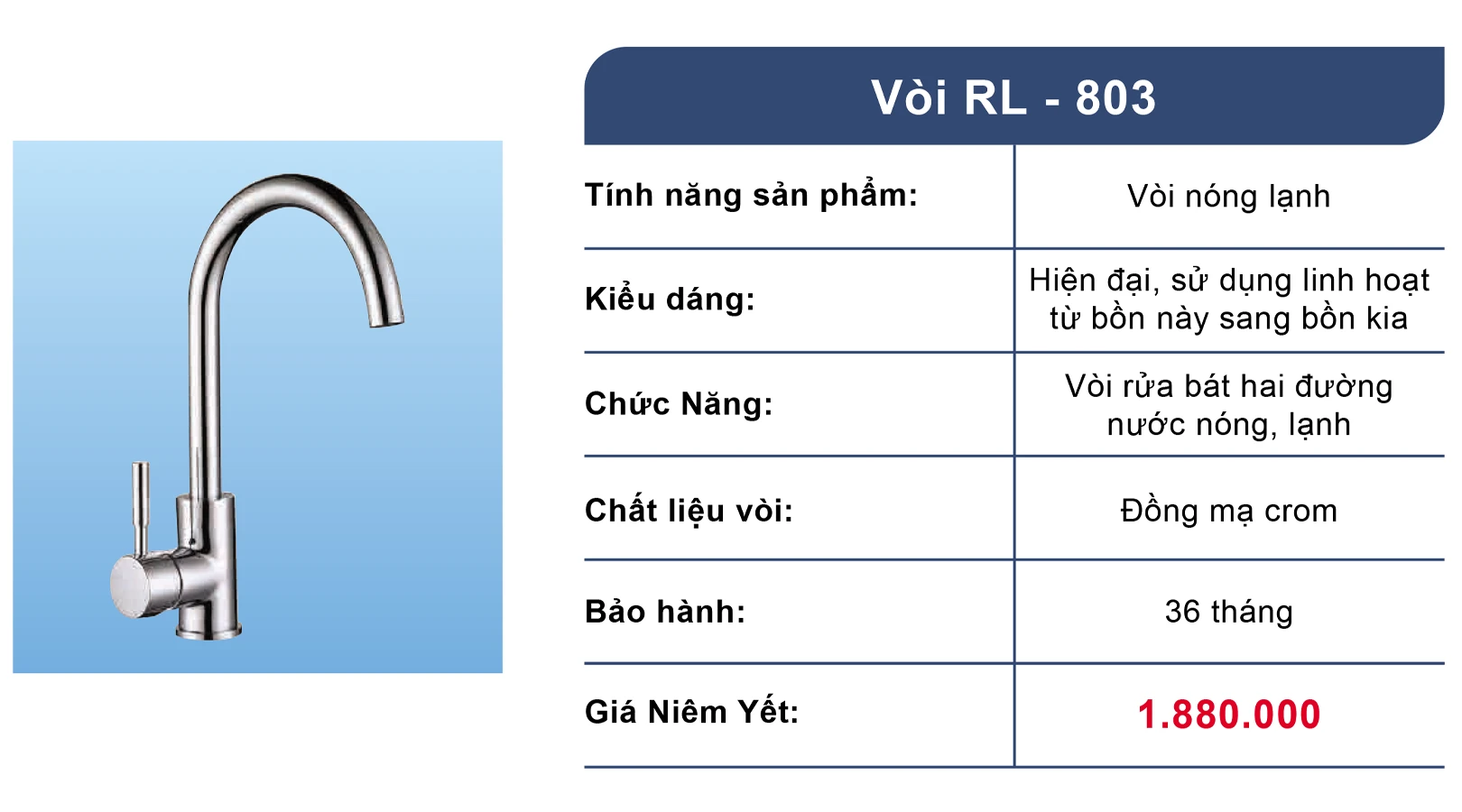 Vòi rửa bát nóng lạnh đồng mạ Crom Roslerer RL803