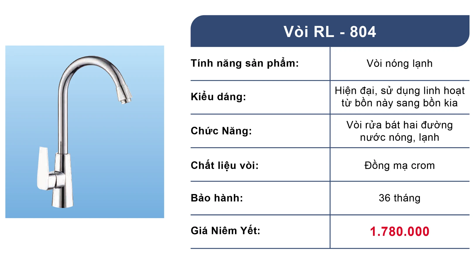 Vòi rửa bát nóng lạnh đồng mạ Crom Roslerer RL804