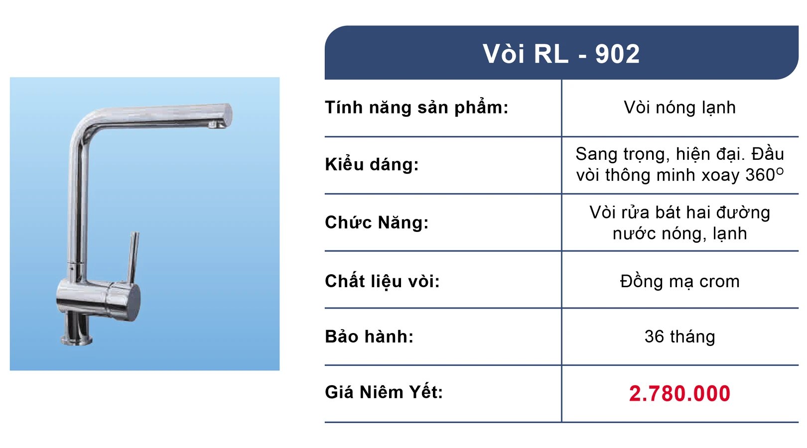 Vòi rửa bát nóng lạnh đồng mạ Crom Roslerer RL902