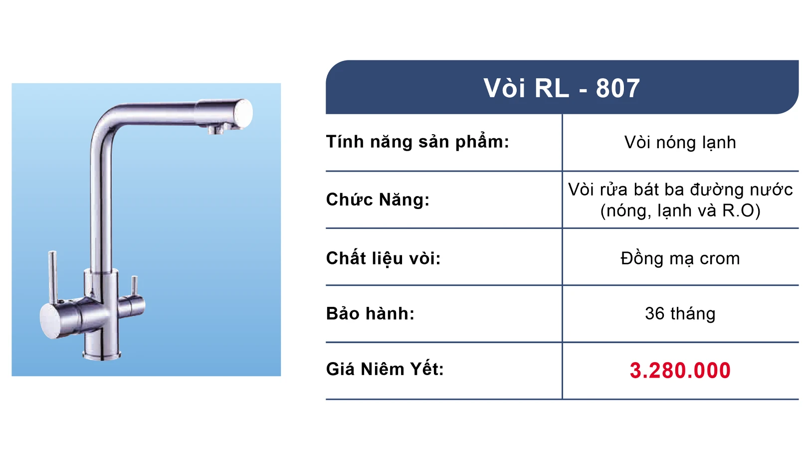 1. Vòi rửa bát nóng lạnh và RO, 3 đường nước Roslerer RL807