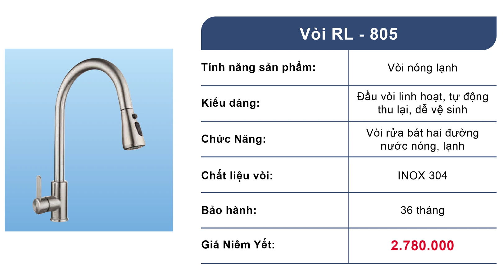 Vòi chậu rửa bát dây rút Roslerer RL805