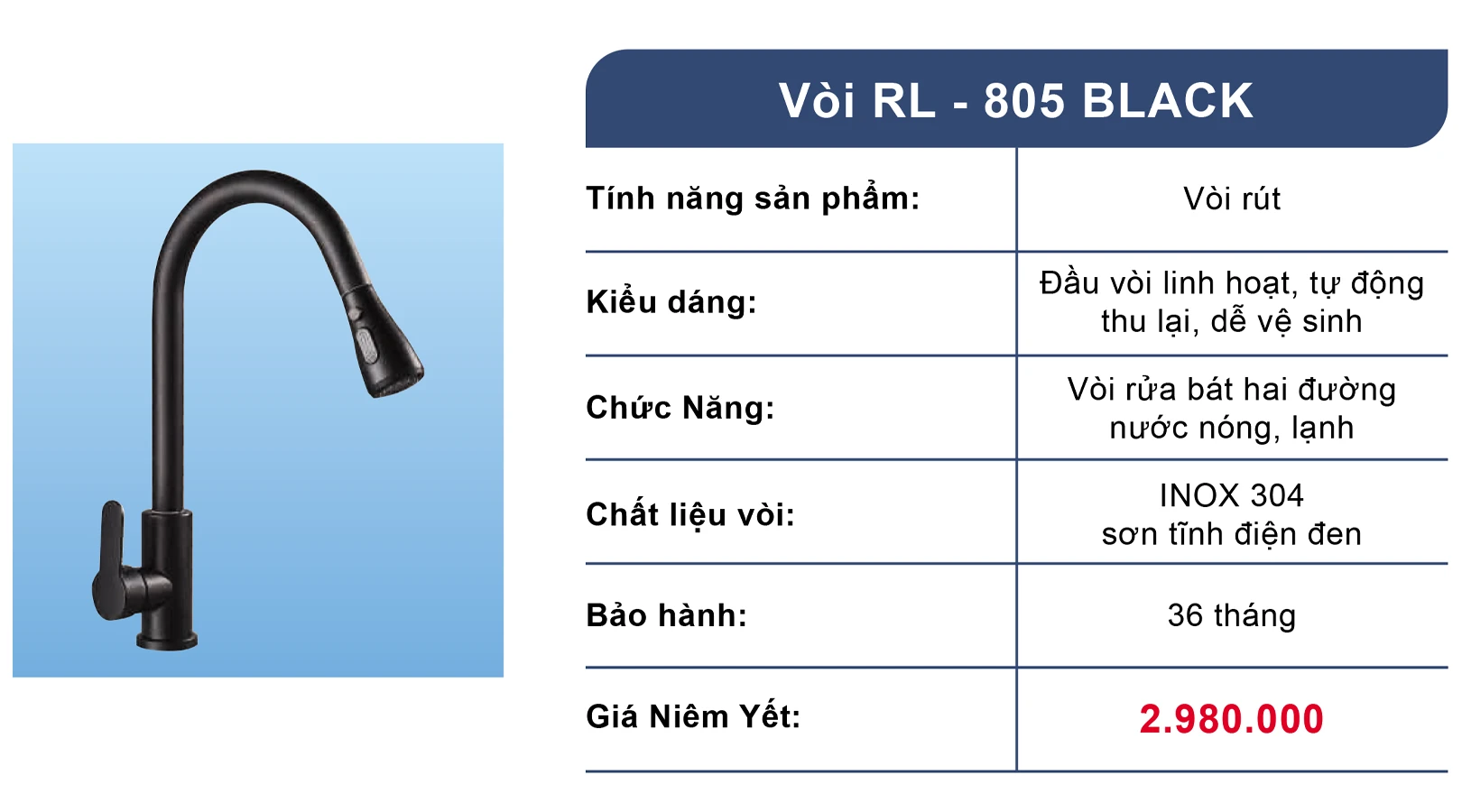 Vòi chậu rửa bát dây rút Roslerer RL805 black