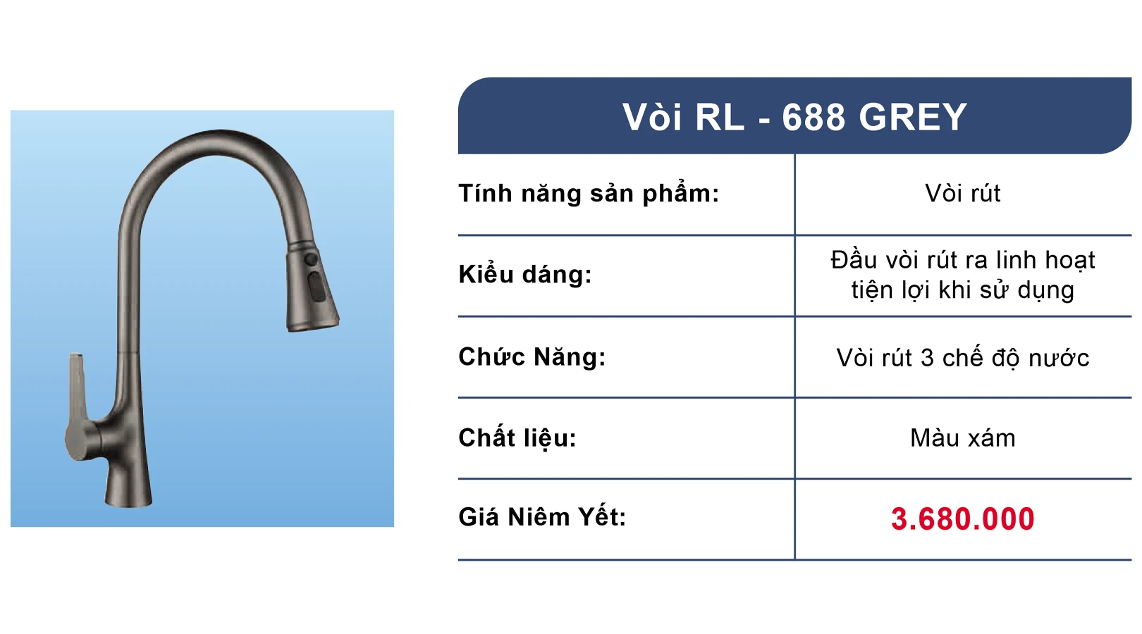 Vòi chậu rửa bát dây rút Roslerer RL688 Grey