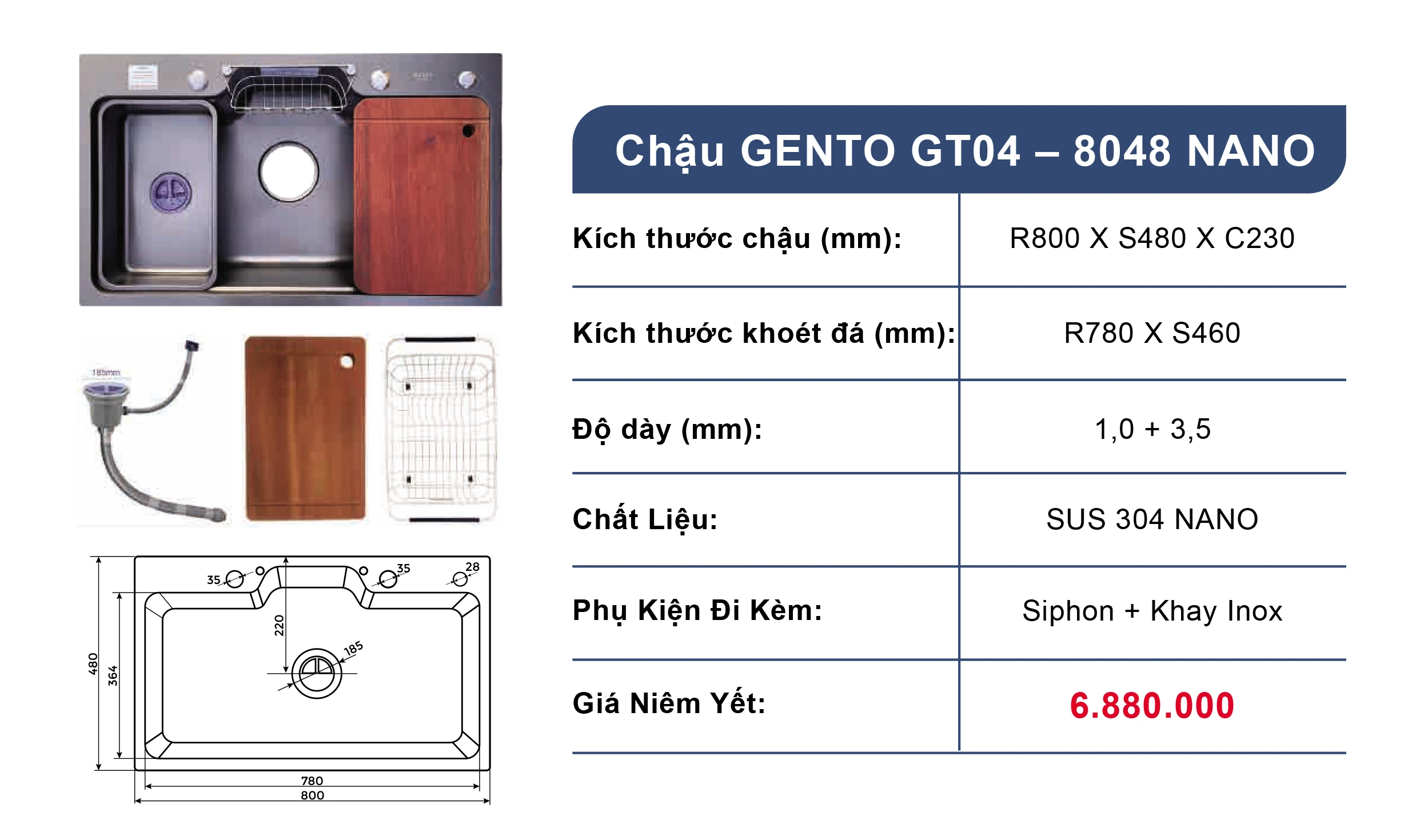 Bồn rửa chén 1 ngăn GENTO GT04-8048 Nano