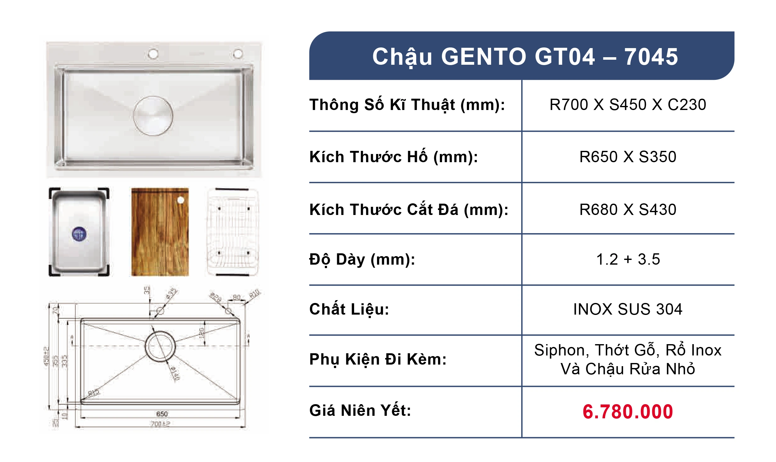 Bồn rửa chén 1 ngăn GENTO GT04-7045