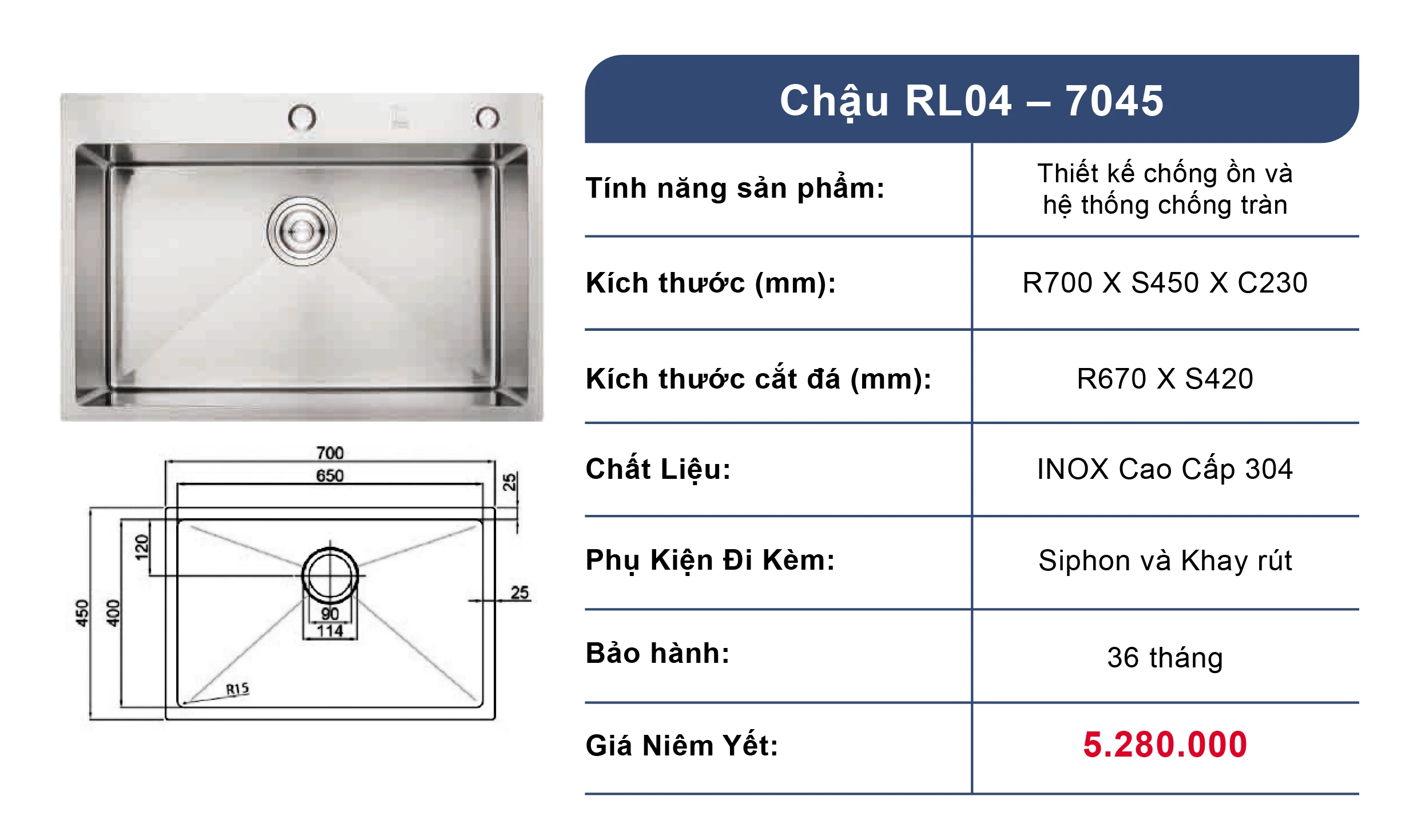 Bồn rửa chén 1 ngăn Roslerer RL04-7045