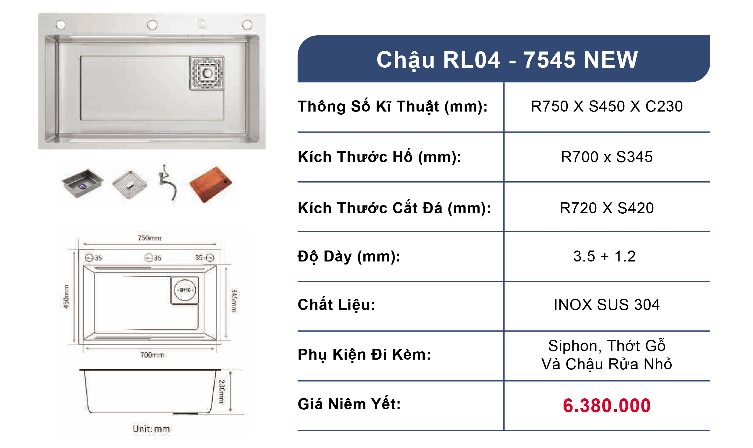 Bồn rửa chén 1 ngăn Roslerer RL04-7545 New