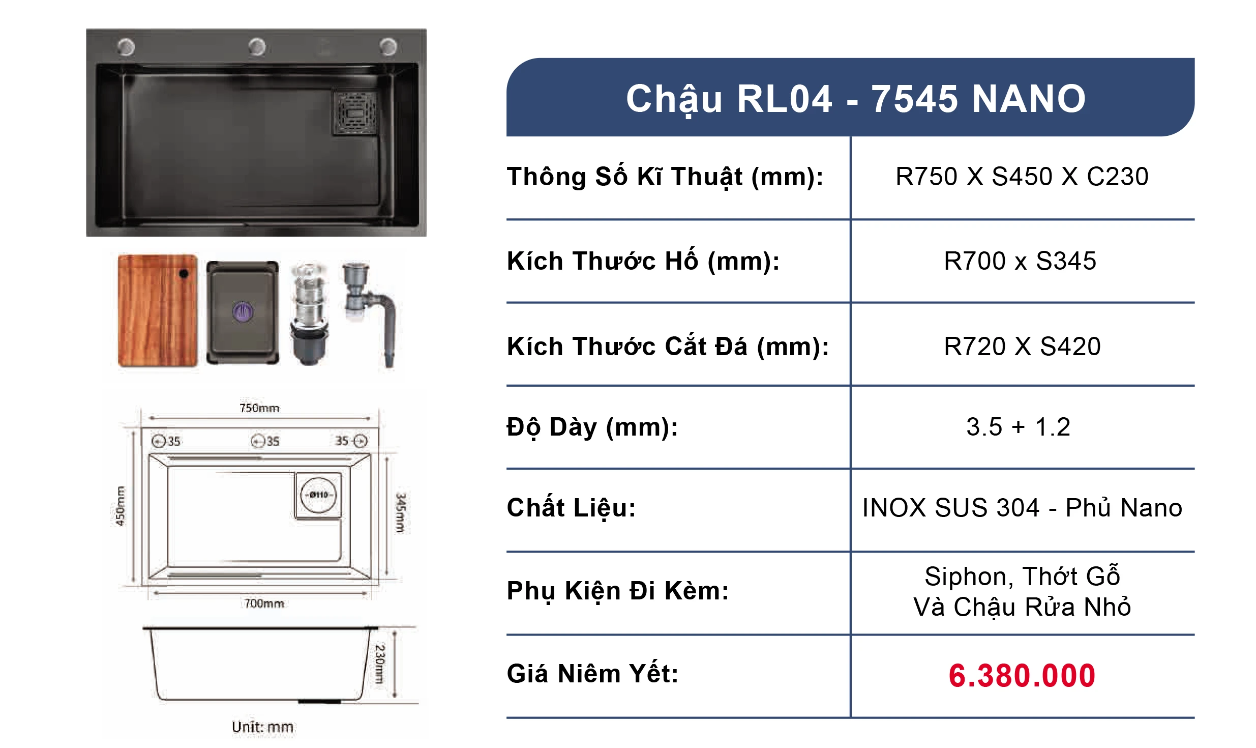 Bồn rửa chén 1 ngăn Roslerer RL04-7245 Nano