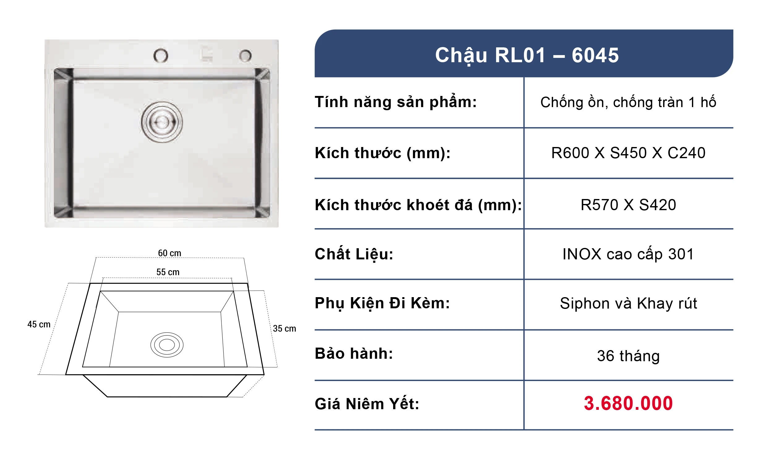 Bồn rửa chén 1 ngăn Roslerer RL01-6045