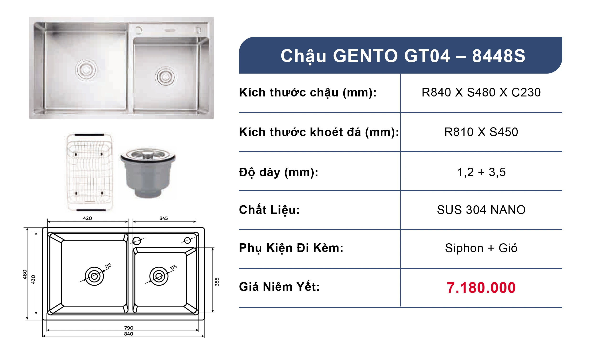 Bồn rửa chén 2 ngăn GENTO GT04-8448S