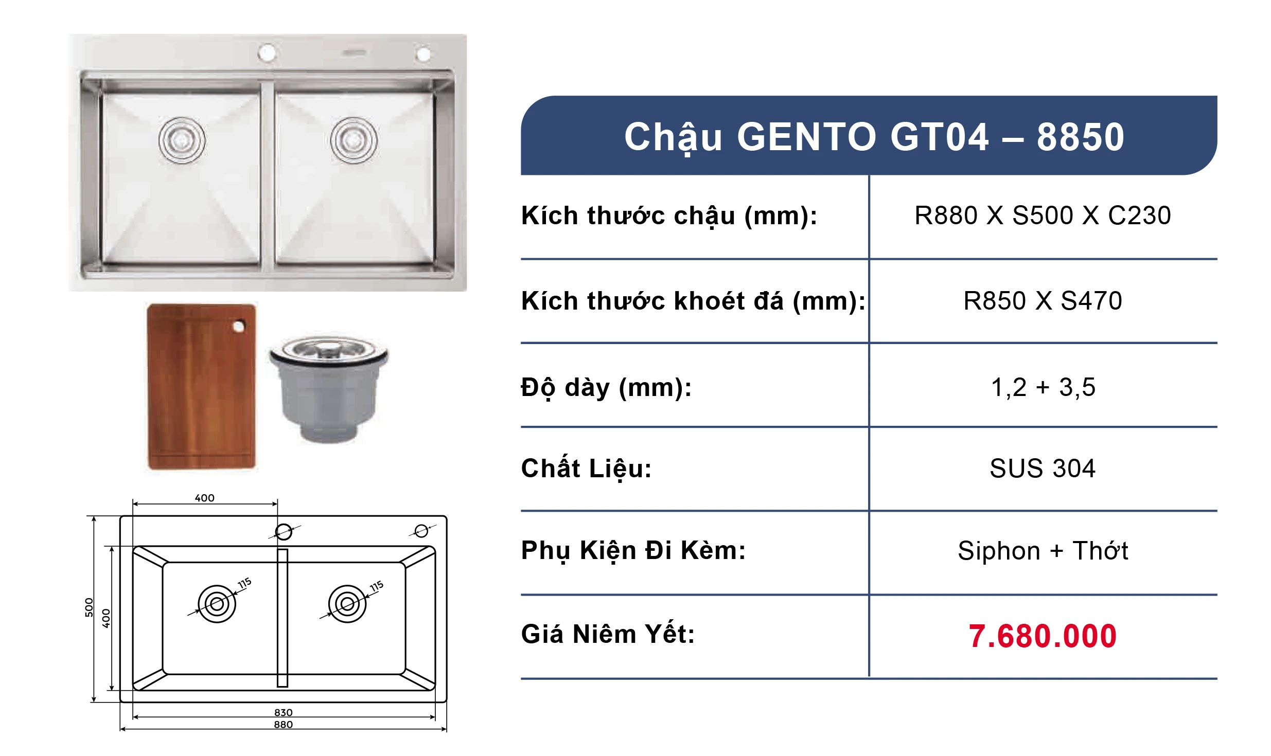 Bồn rửa chén 2 ngăn GENTO GT04-8850