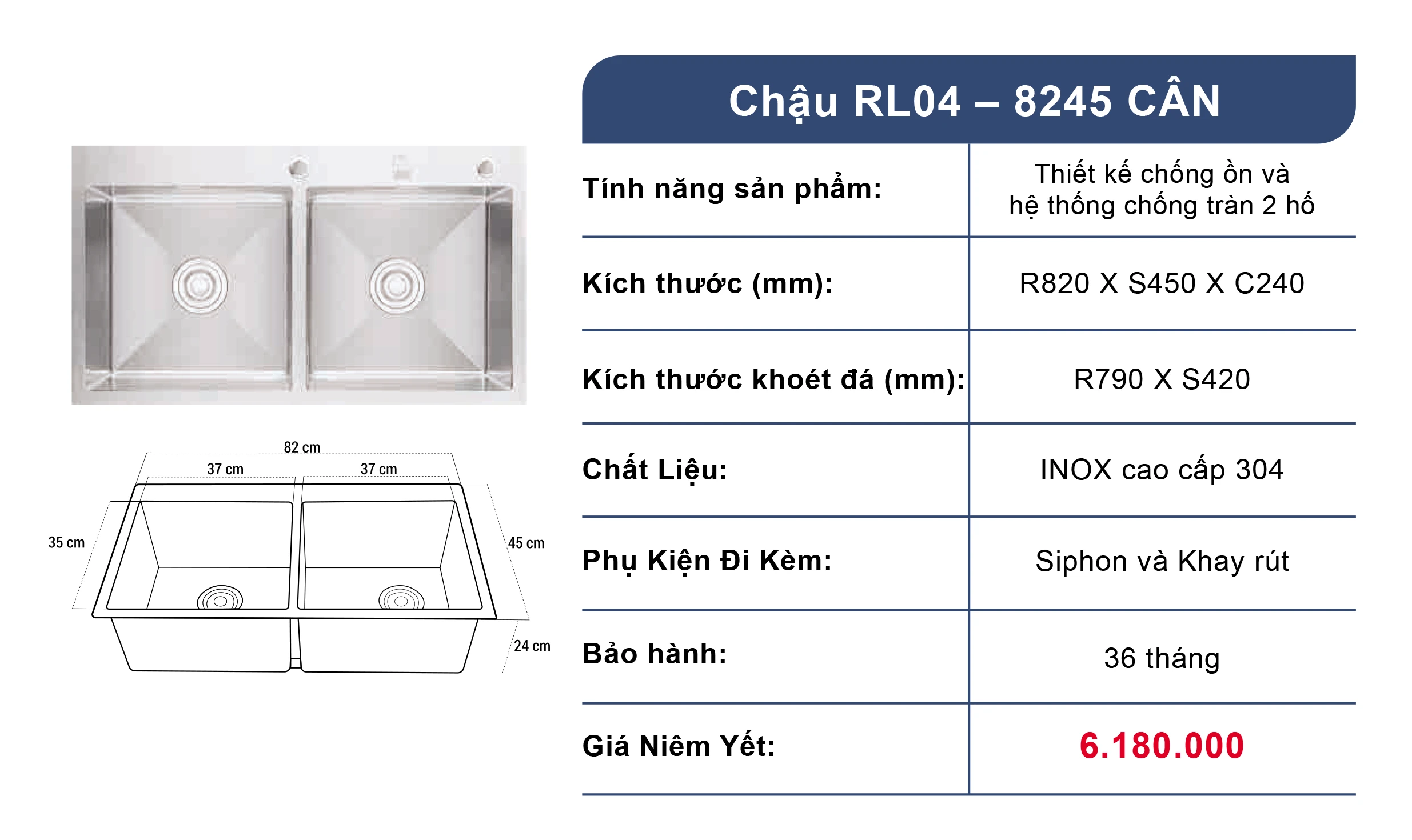 Bồn rửa chén 2 ngăn Roslerer RL04-8245 Cân