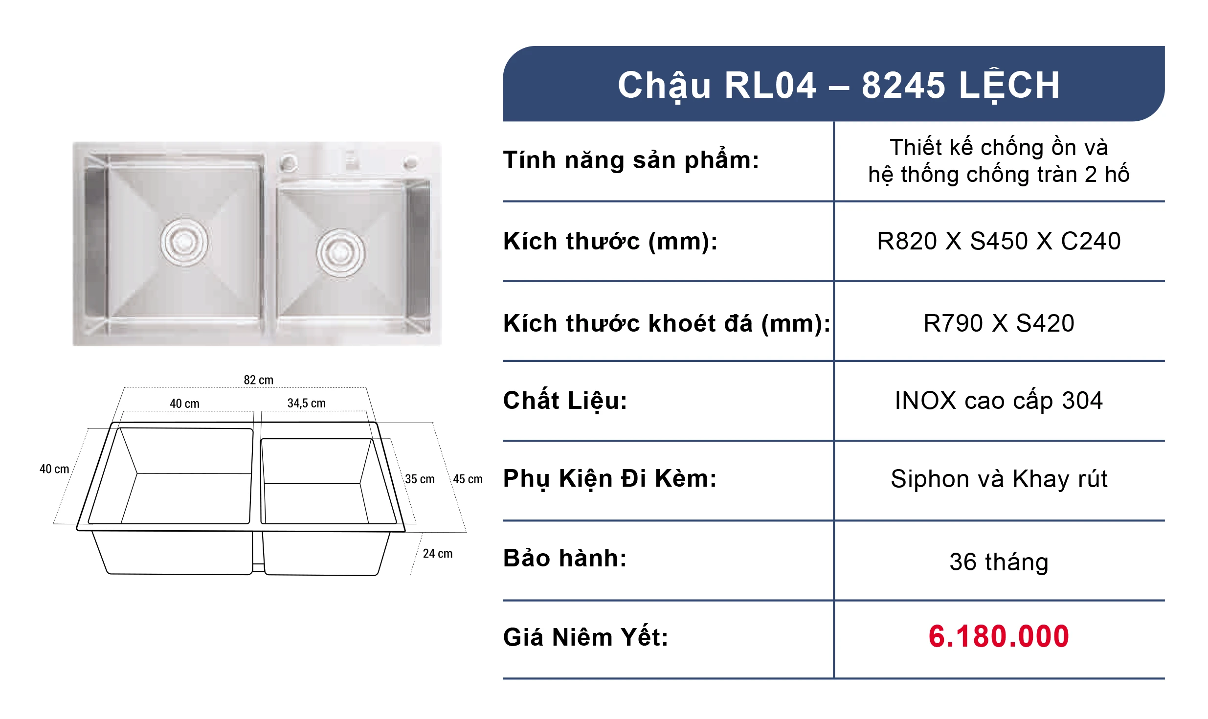 Bồn rửa chén 2 ngăn Roslerer RL04-8245 Lệch