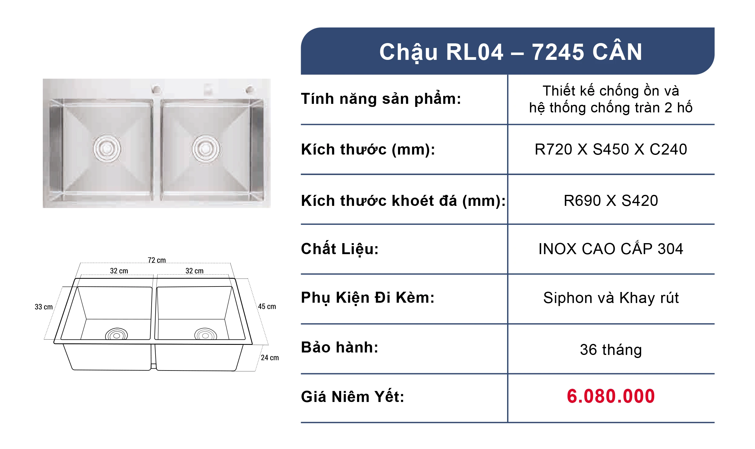 Bồn rửa chén 2 ngăn Roslerer RL04-7245 Cân