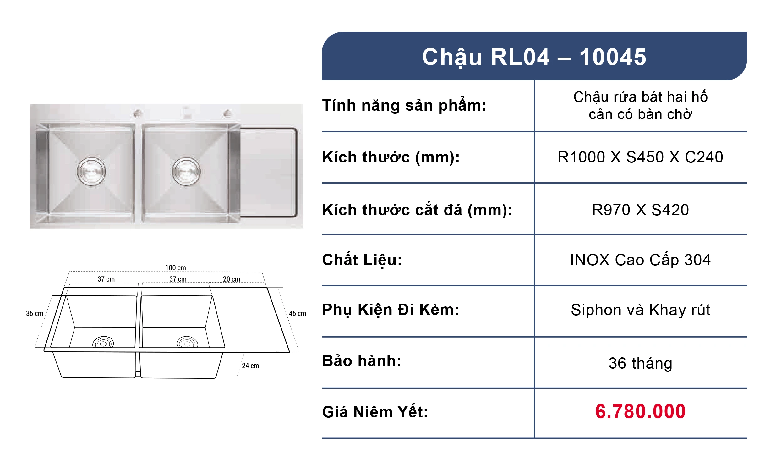 Bồn rửa chén 2 ngăn Roslerer RL04-10045