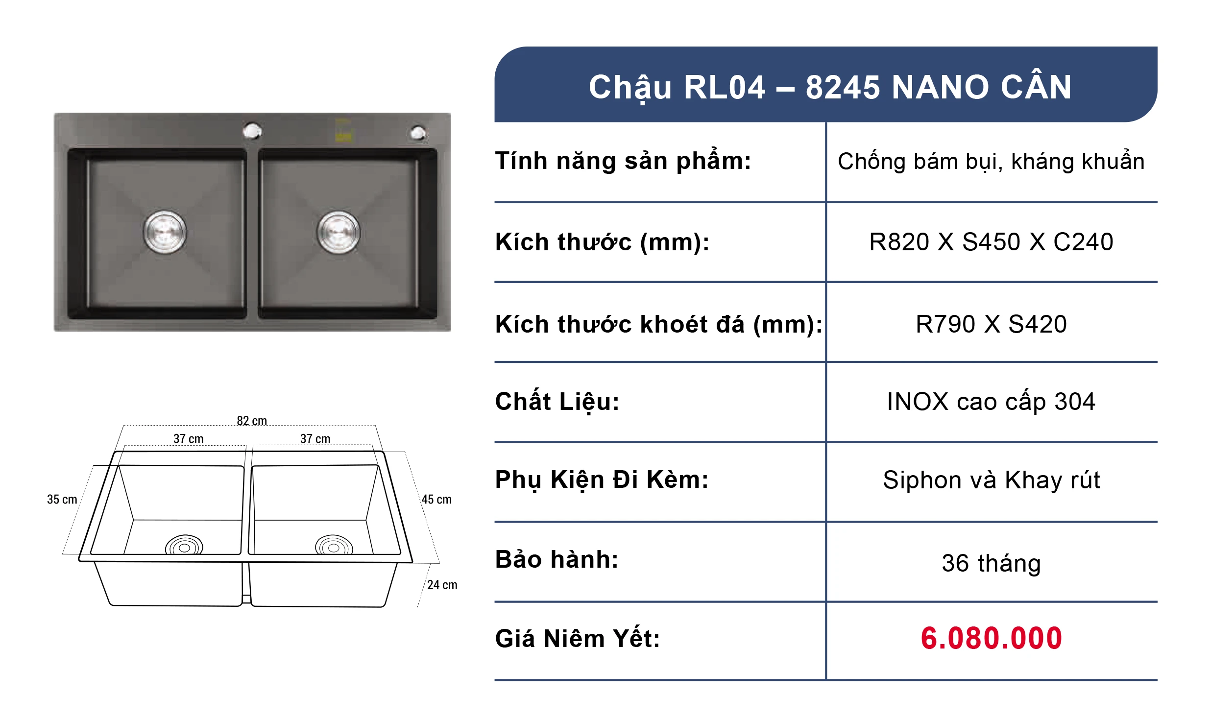 Bồn rửa chén 2 ngăn Roslerer RL04-8245 Nano cân