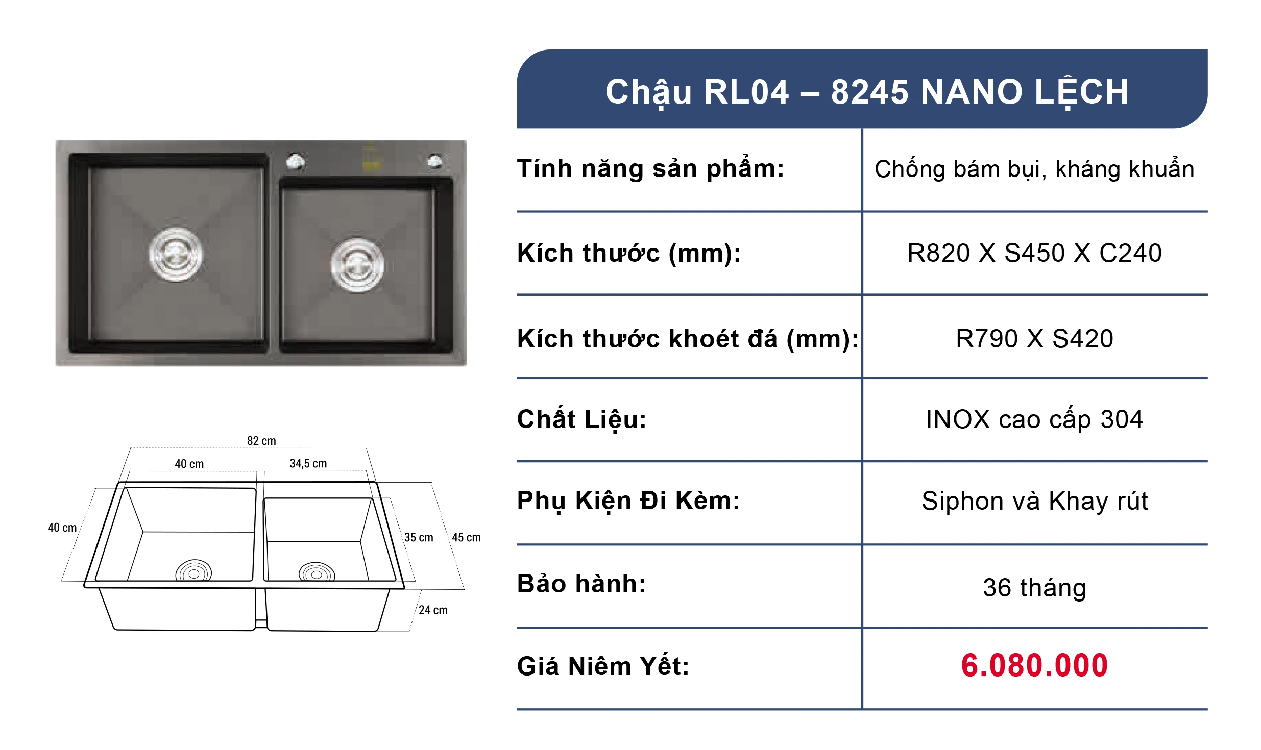 Bồn rửa chén 2 ngăn Roslerer RL04-8245 Nano lệch