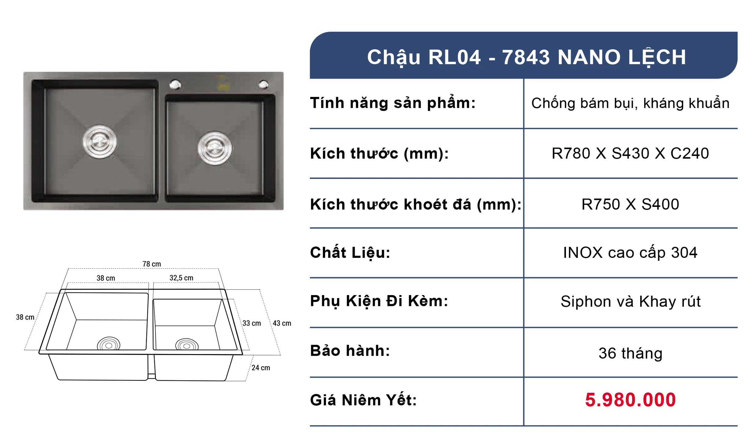 Bồn rửa chén 2 ngăn Roslerer RL04-7843 Nano lệch