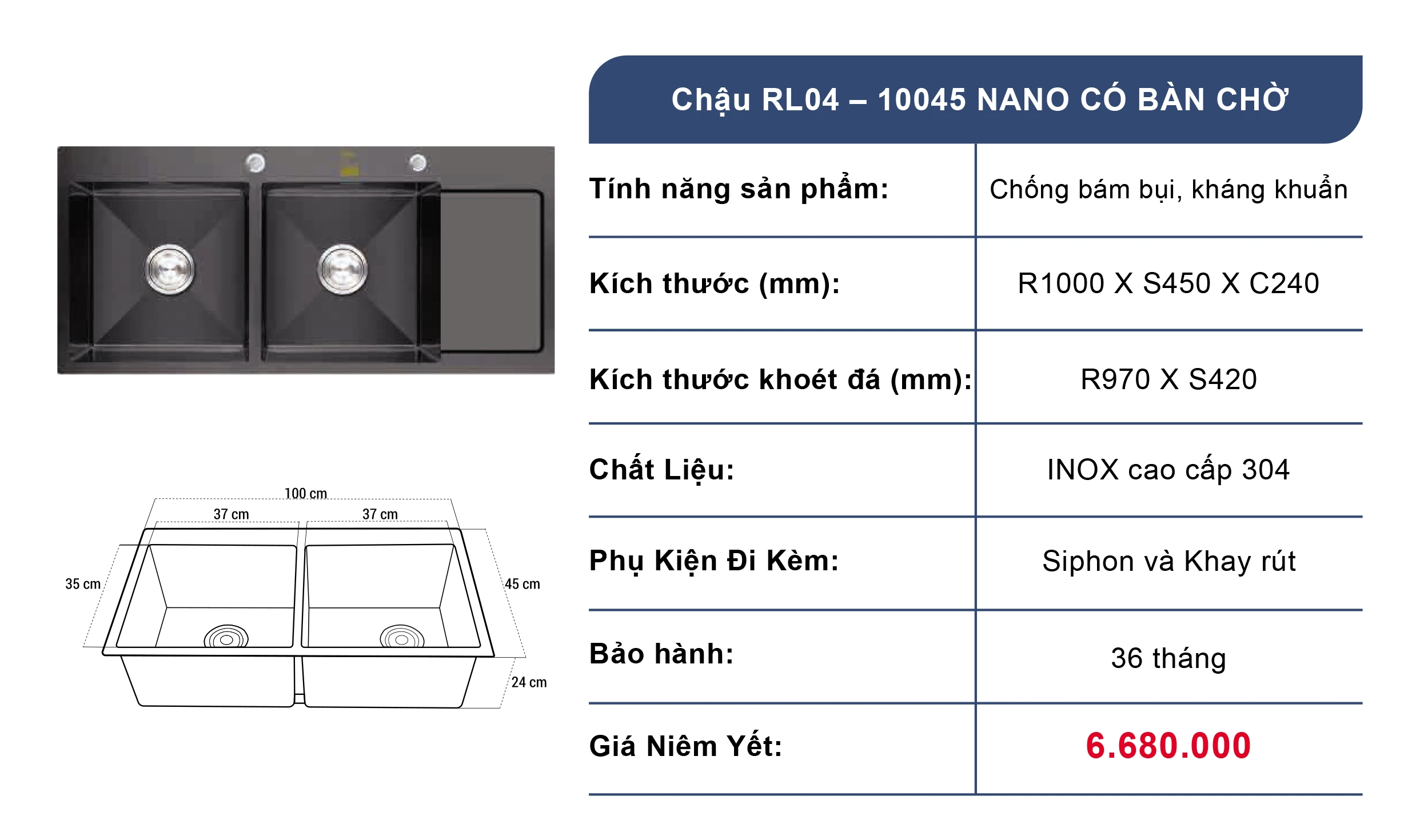 Bồn rửa chén 2 ngăn Roslerer RL04-10045 Nano có bàn chờ