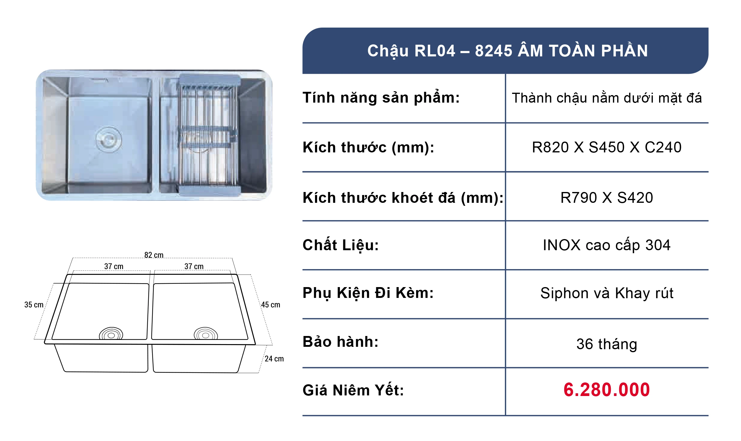 Bồn rửa chén 2 ngăn Roslerer RL04-8245 âm toàn phần