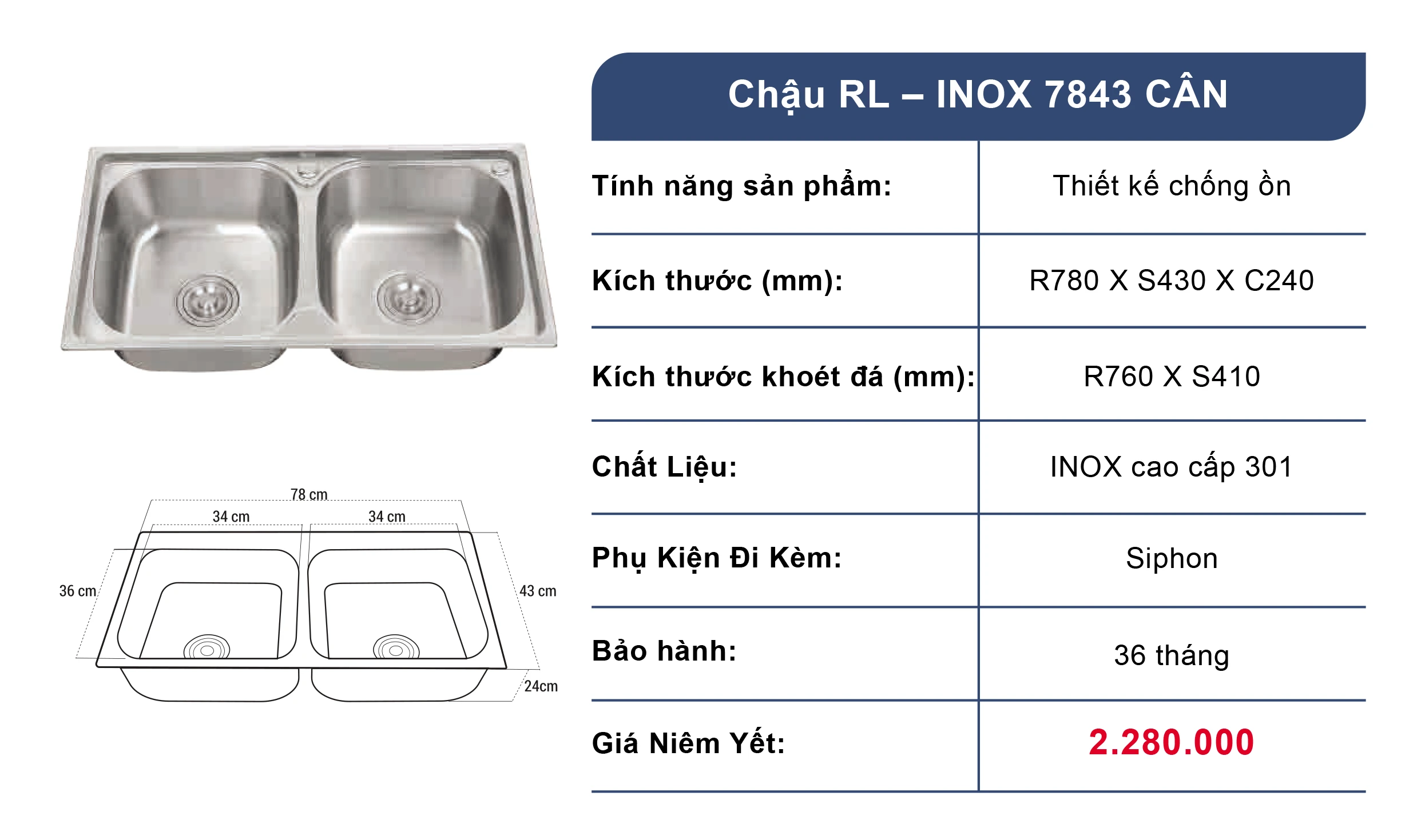 Bồn rửa chén 2 ngăn Roslerer RL04-Inox 7843 Cân