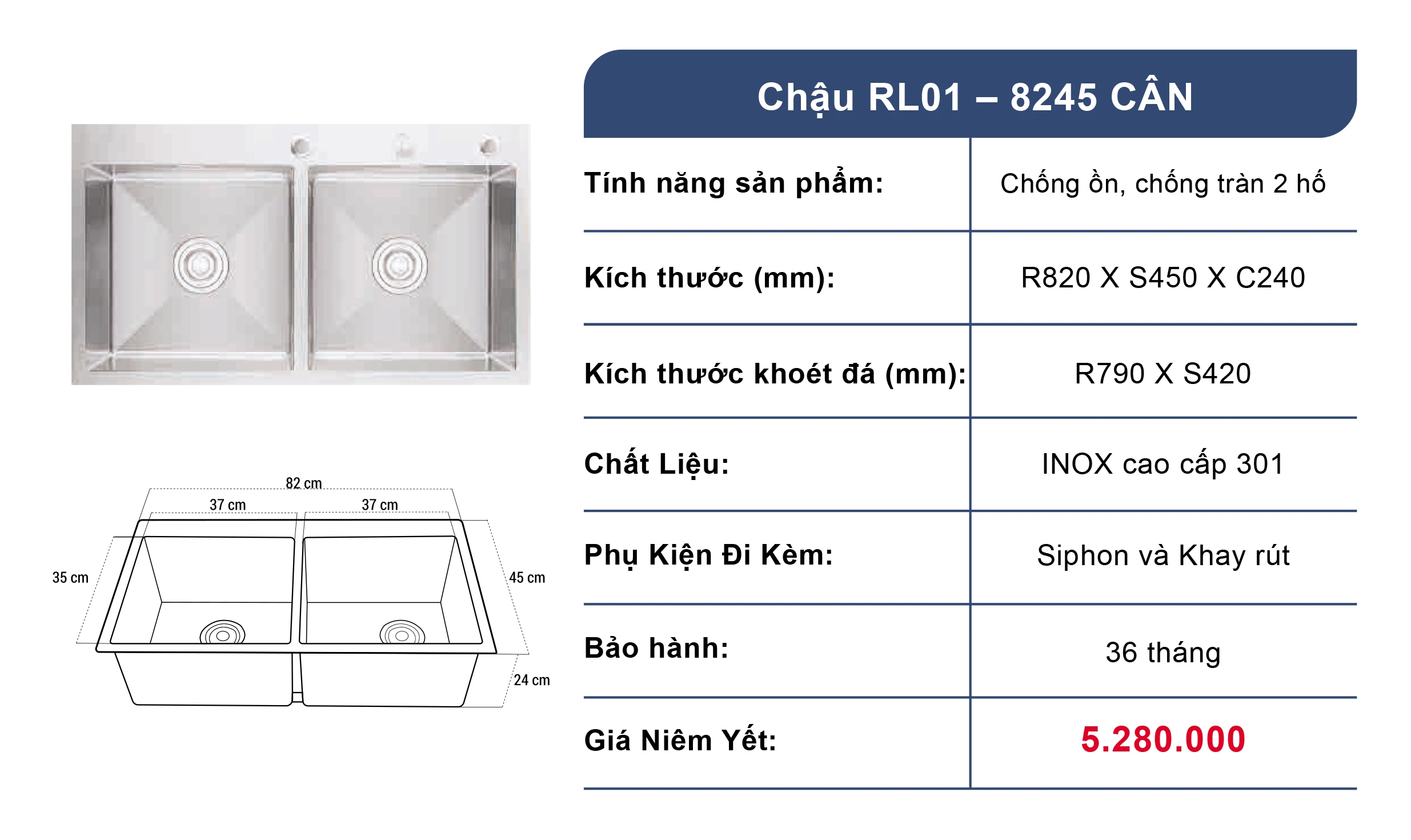 Bồn rửa chén 2 ngăn Roslerer RL01-8245 Cân